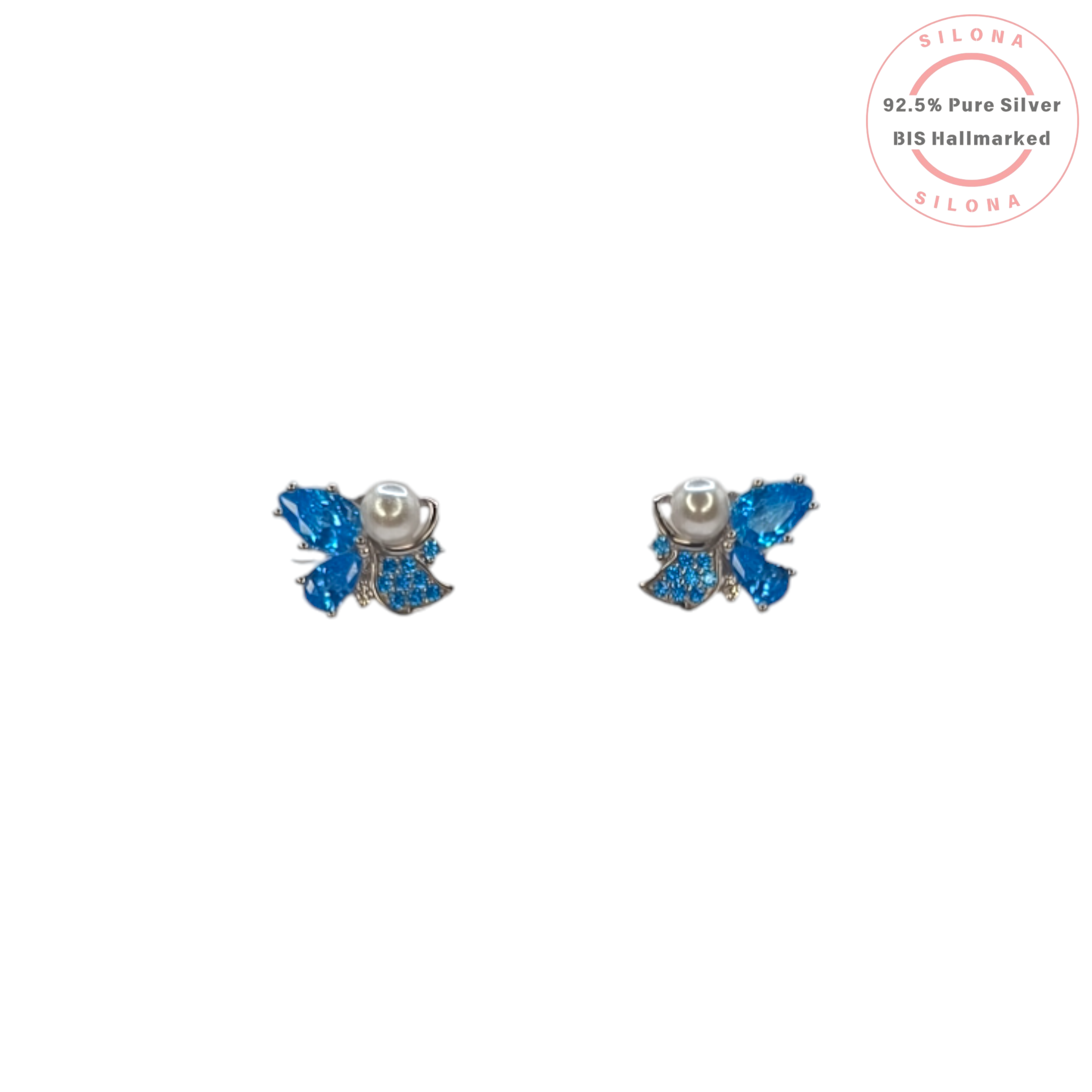 A pair of Silona's Azure Butterfly Pearl Stud Earrings in 92.5 silver, featuring sky-blue cubic zirconia wings and a central white pearl, on a white background.