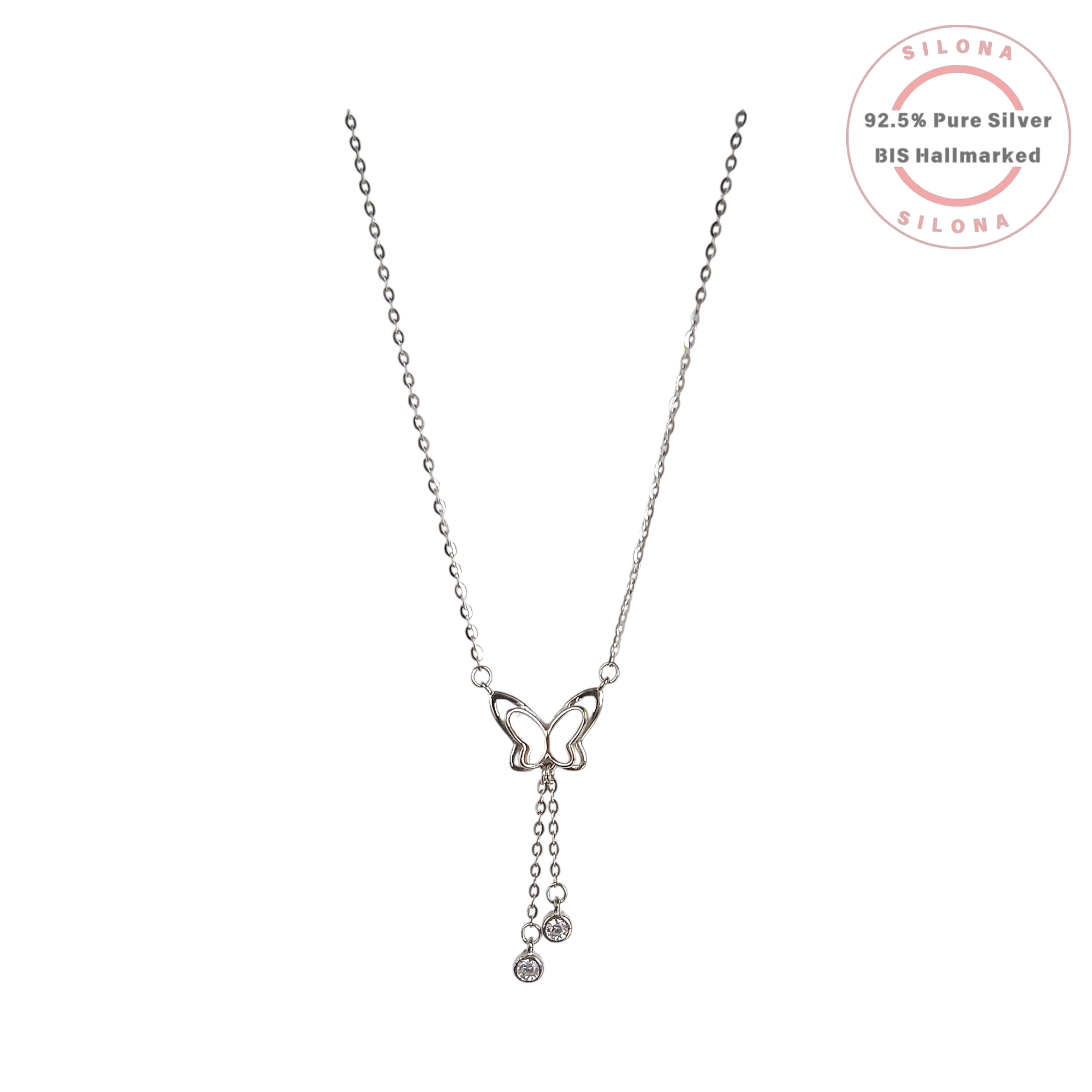 A delicate 92.5 silver necklace featuring an openwork butterfly motif with two dangling chains, each ending in a round cubic zirconia stone, on a white background.