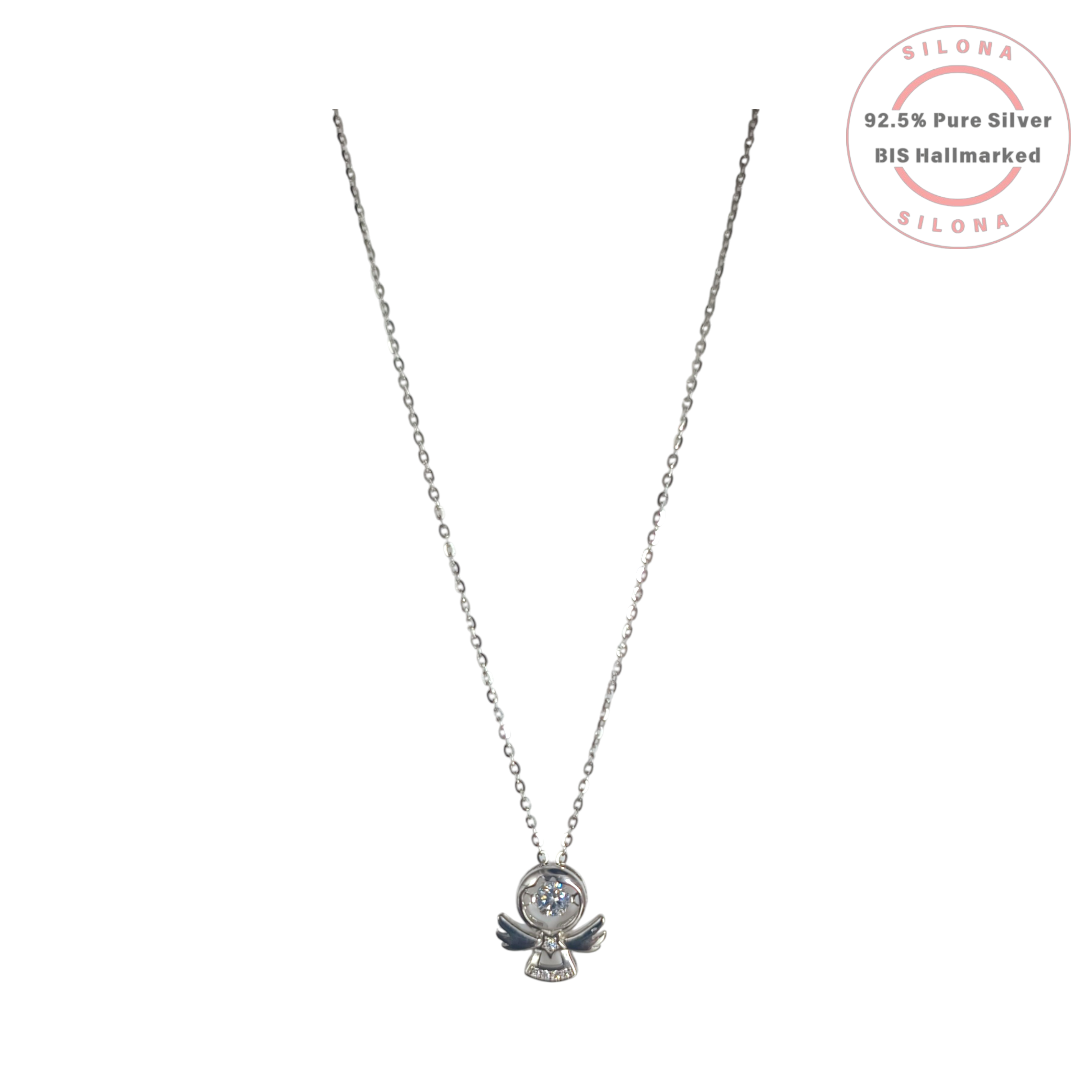 Silona Guardian Angel necklace in 92.5 silver, featuring a central dancing cubic zirconia stone and pavé accents, on a fine silver chain.