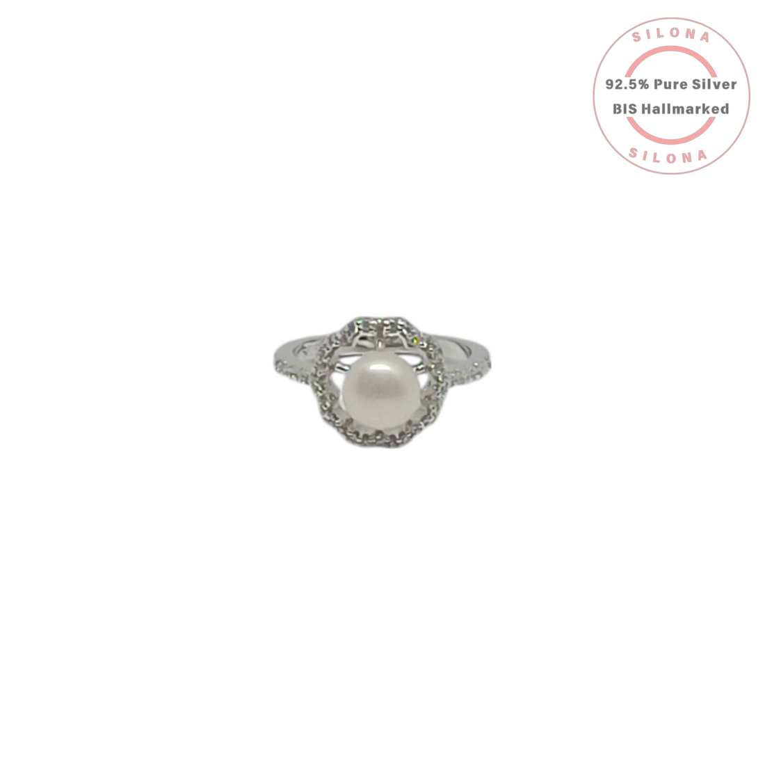Silona's Celestial Pearl Orb Ring in 92.5 silver, featuring a central pearl surrounded by a halo of cubic zirconia, on a white background.