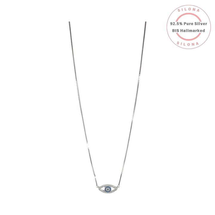 Dainty evil eye pendant necklace in 92.5 silver, featuring blue and white cubic zirconia on a box chain.