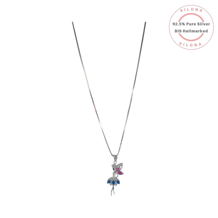Silona Enchanted Fairy Necklace in 92.5 silver on a delicate box chain, featuring a fairy pendant with ruby-pink and sapphire-blue stones.