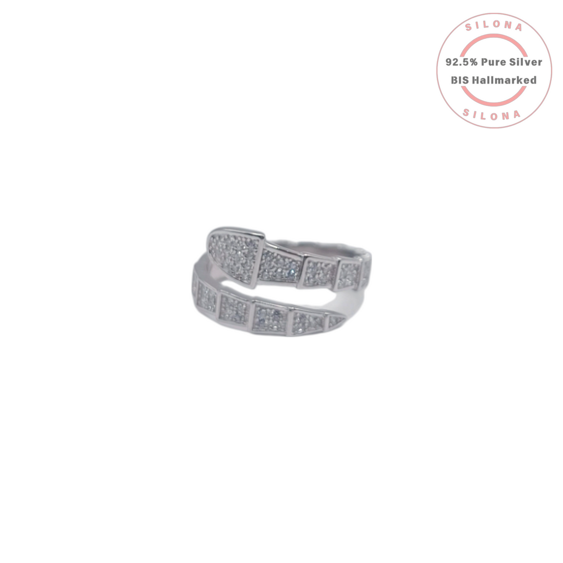 Silona's Iconic Serpent Ring in pure 92.5 silver, featuring a coiling snake design with pave-set cubic zirconia scales, on a white background.