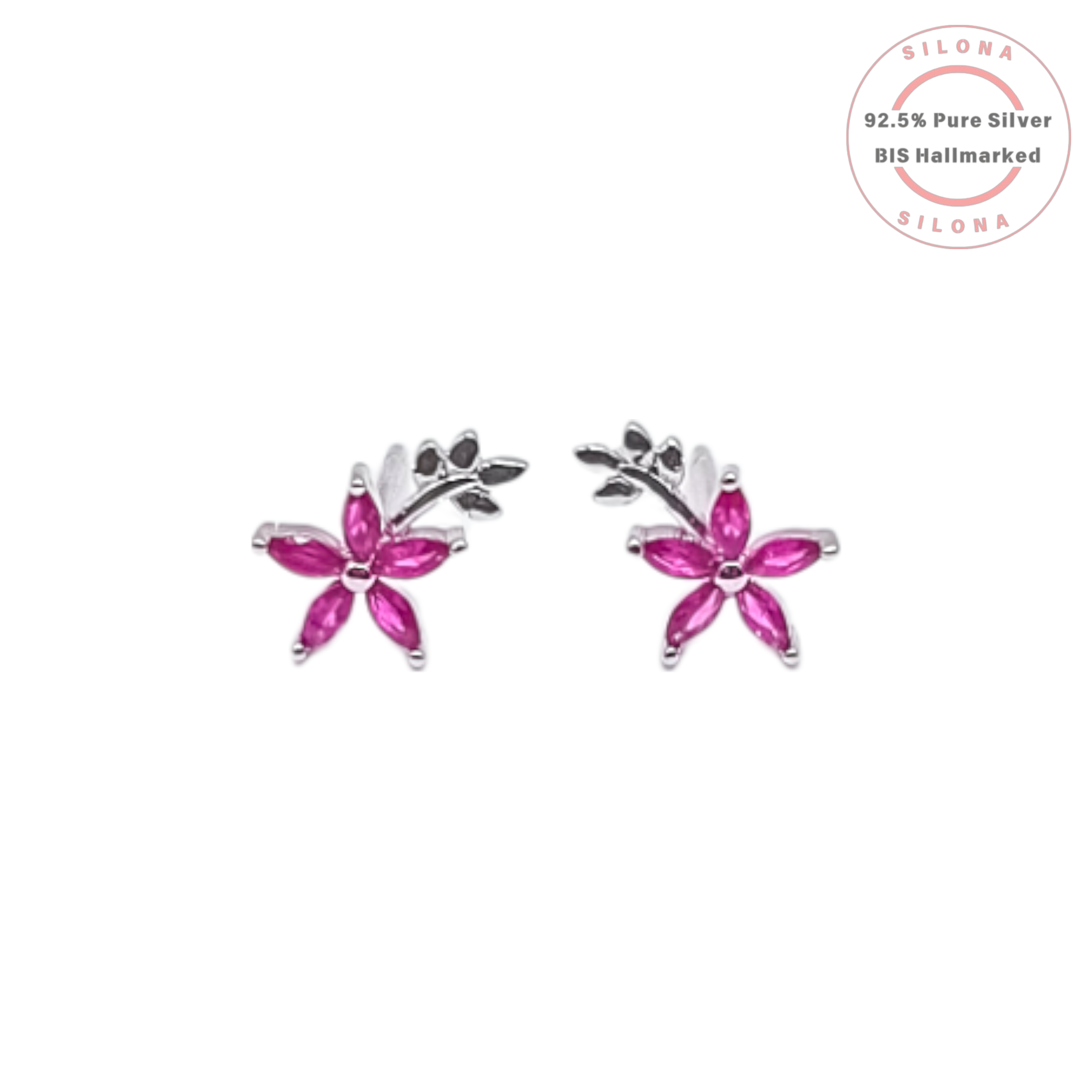 A pair of Silona floral stud earrings in 92.5 silver, with five marquise-cut ruby-hued stones forming a flower, shown on a white background.