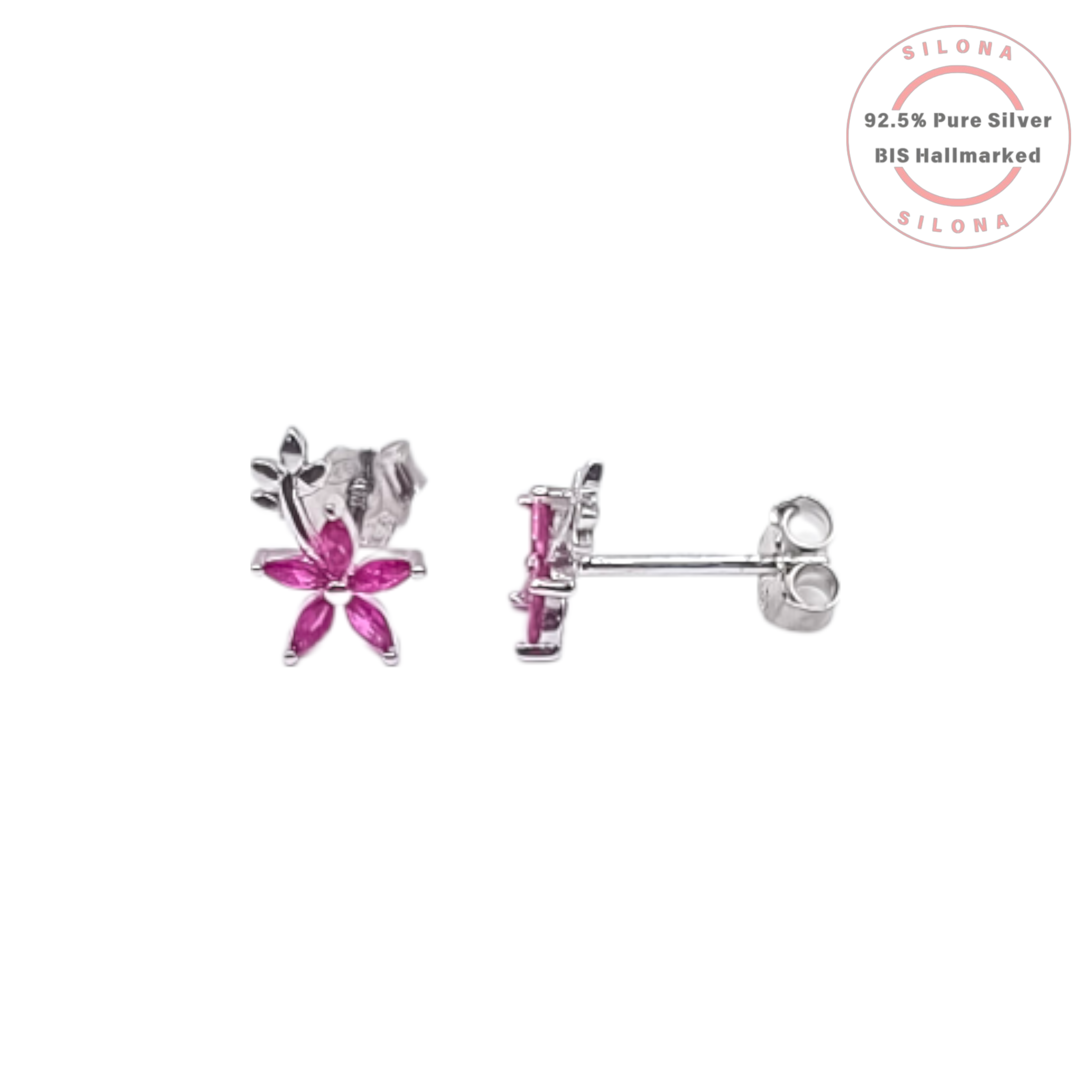 A pair of Silona floral stud earrings in 92.5 silver, with five marquise-cut ruby-hued stones forming a flower, shown on a white background.