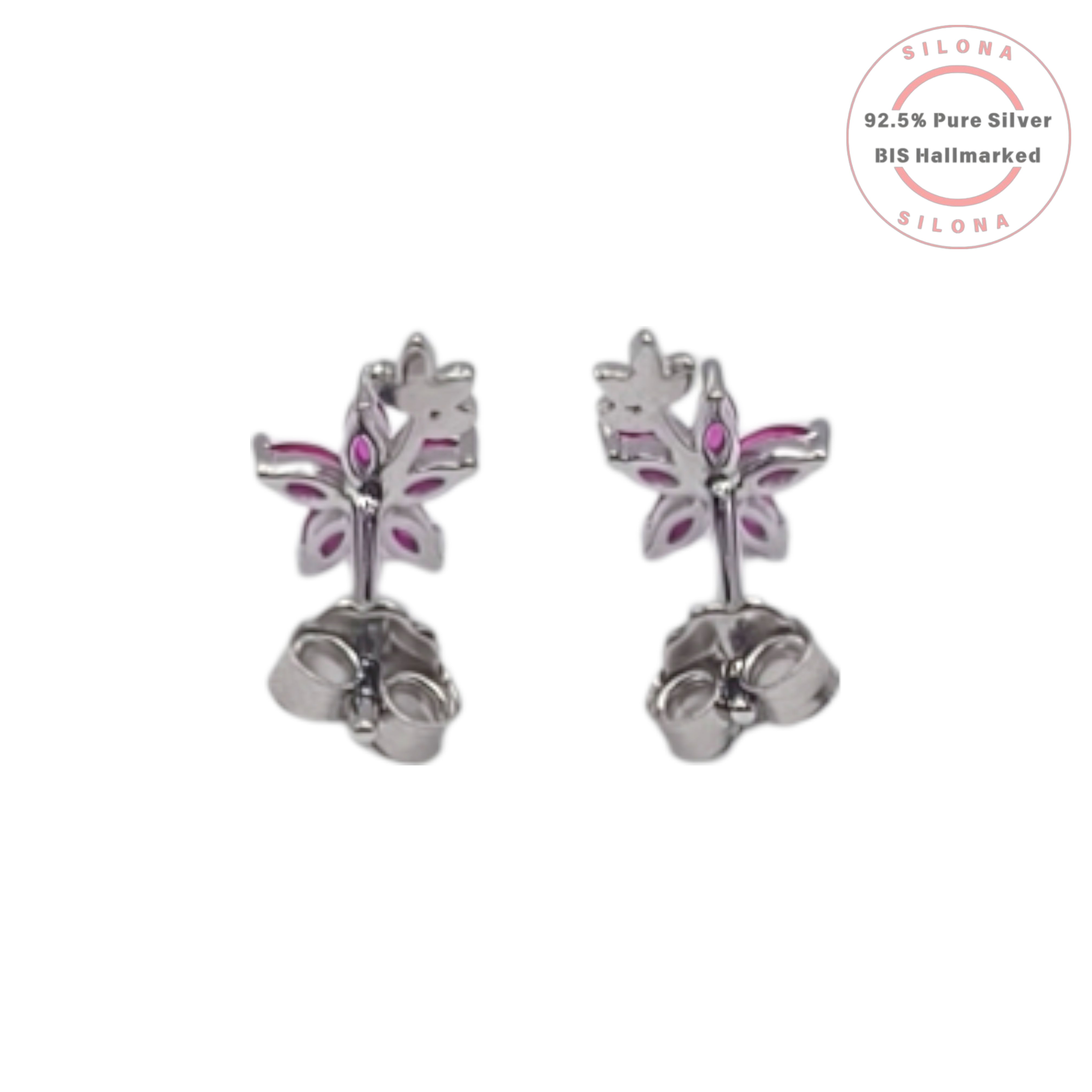 A pair of Silona floral stud earrings in 92.5 silver, with five marquise-cut ruby-hued stones forming a flower, shown on a white background.