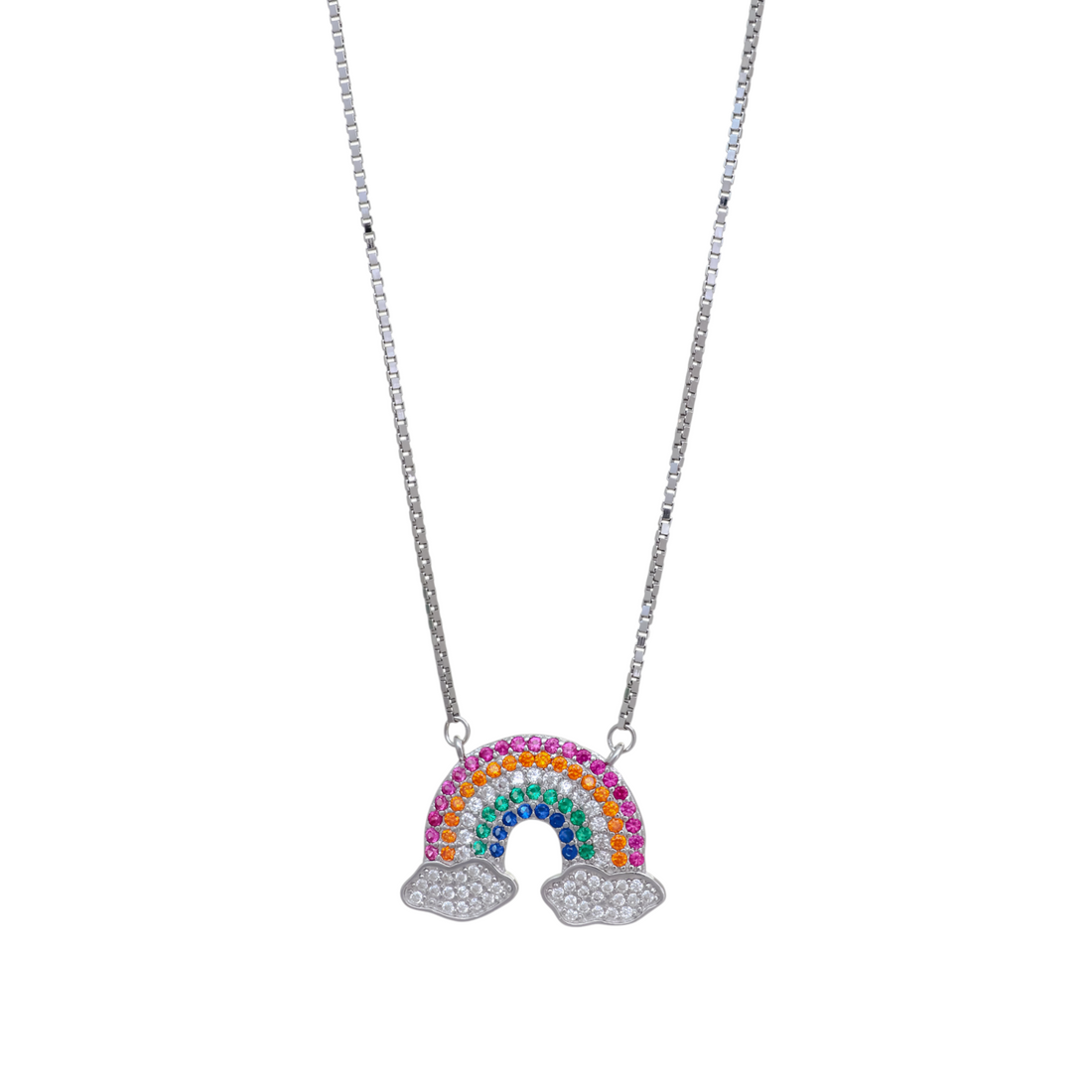 Silver necklace showcasing a rainbow pendant set with colorful crystals resting on two sparkling cz paved clouds.