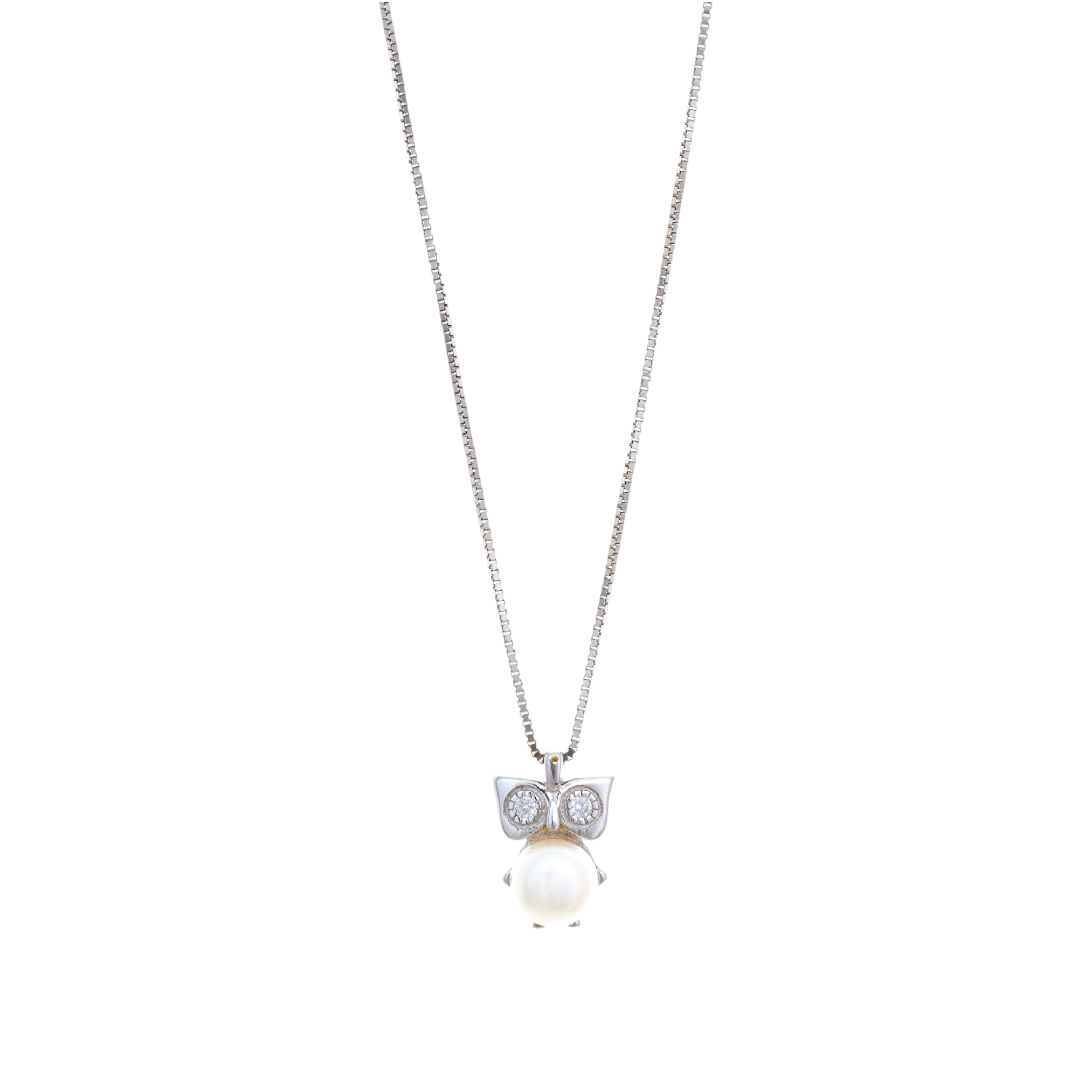 A silver box chain necklace featuring an owl pendant with cz eyes and a luminous round white pearl body.