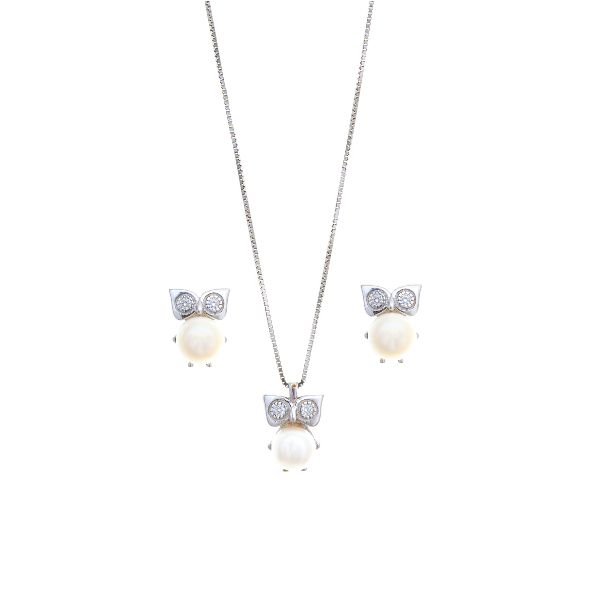 A silver box chain necklace featuring an owl pendant with cz eyes and a luminous round white pearl body.