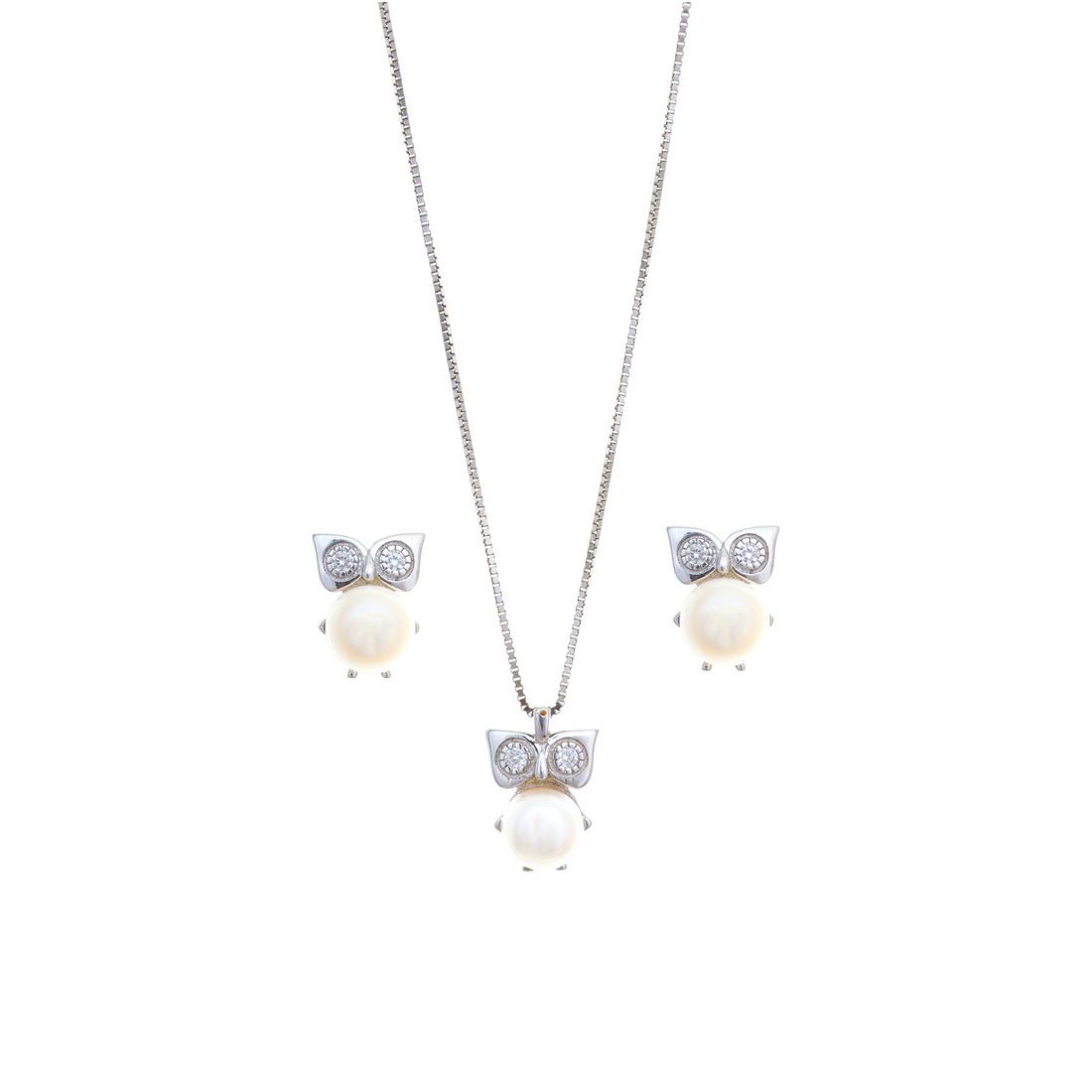 A silver box chain necklace featuring an owl pendant with cz eyes and a luminous round white pearl body.