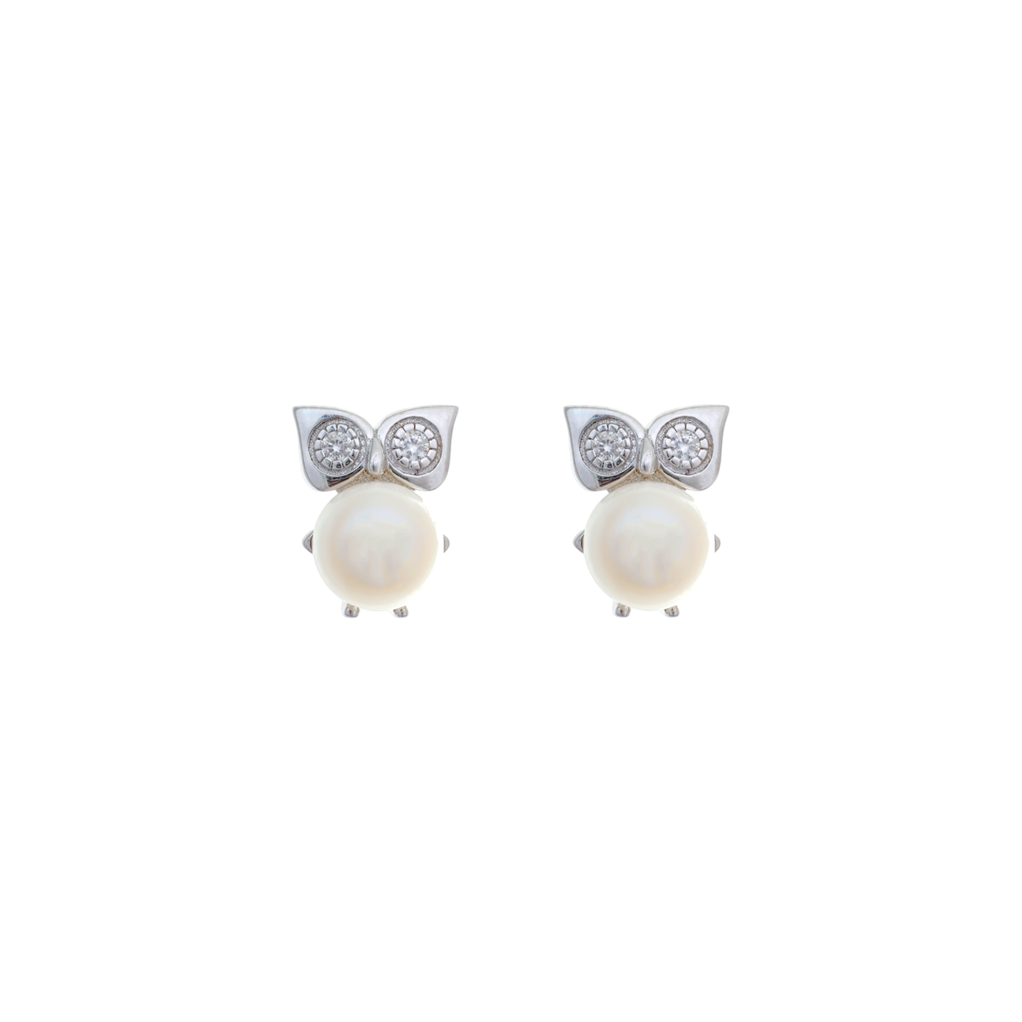 A silver box chain necklace featuring an owl pendant with cz eyes and a luminous round white pearl body.