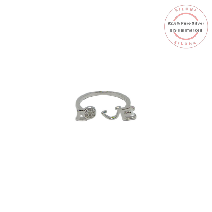 Front view of the Silona Minimalist Cubic Zirconia LOVE Ring in 92.5 pure silver, on a white background.