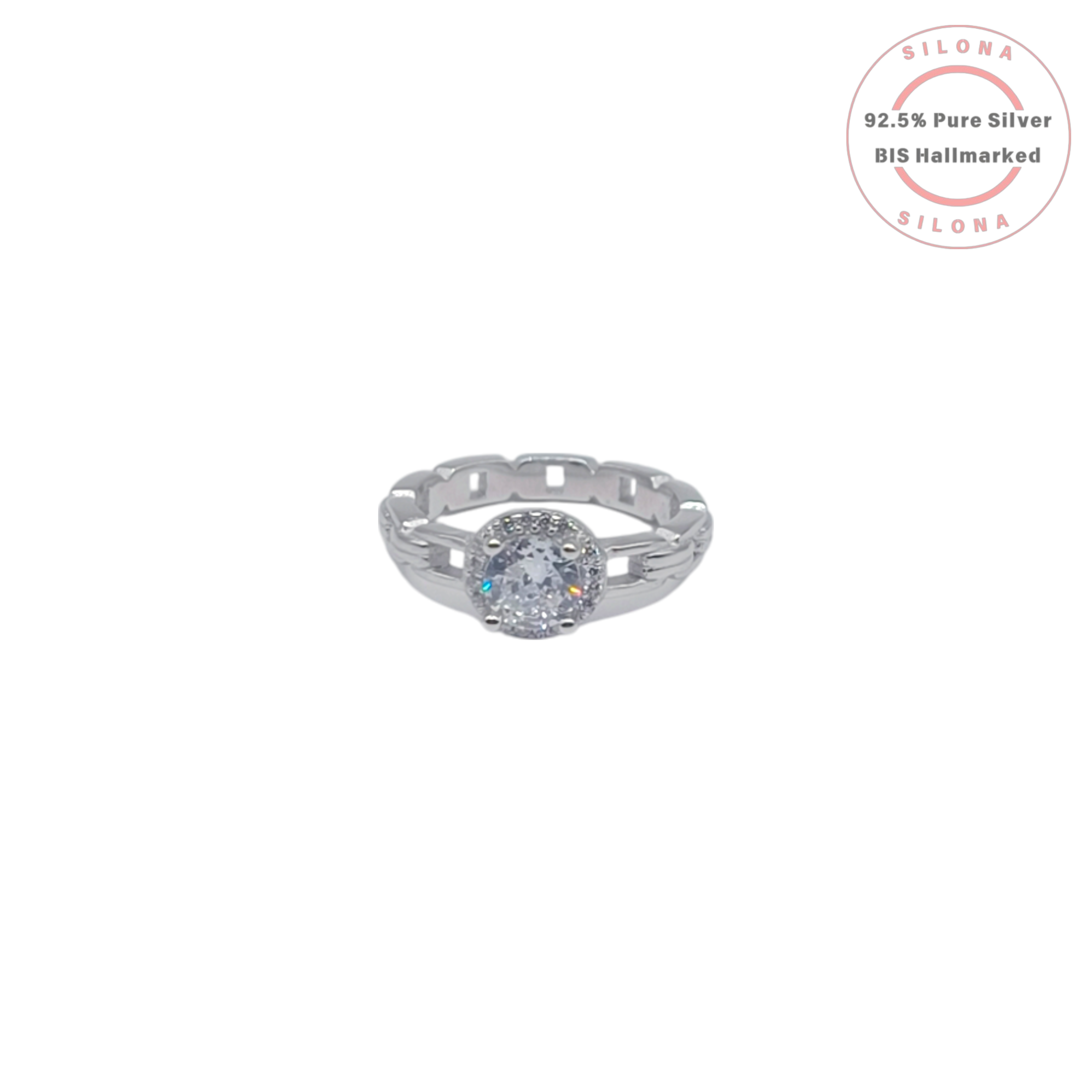 Front view of the Silona Modern Chain Link Solitaire Ring, showcasing the central brilliant-cut cubic zirconia in a halo setting on a 92.5 silver band.