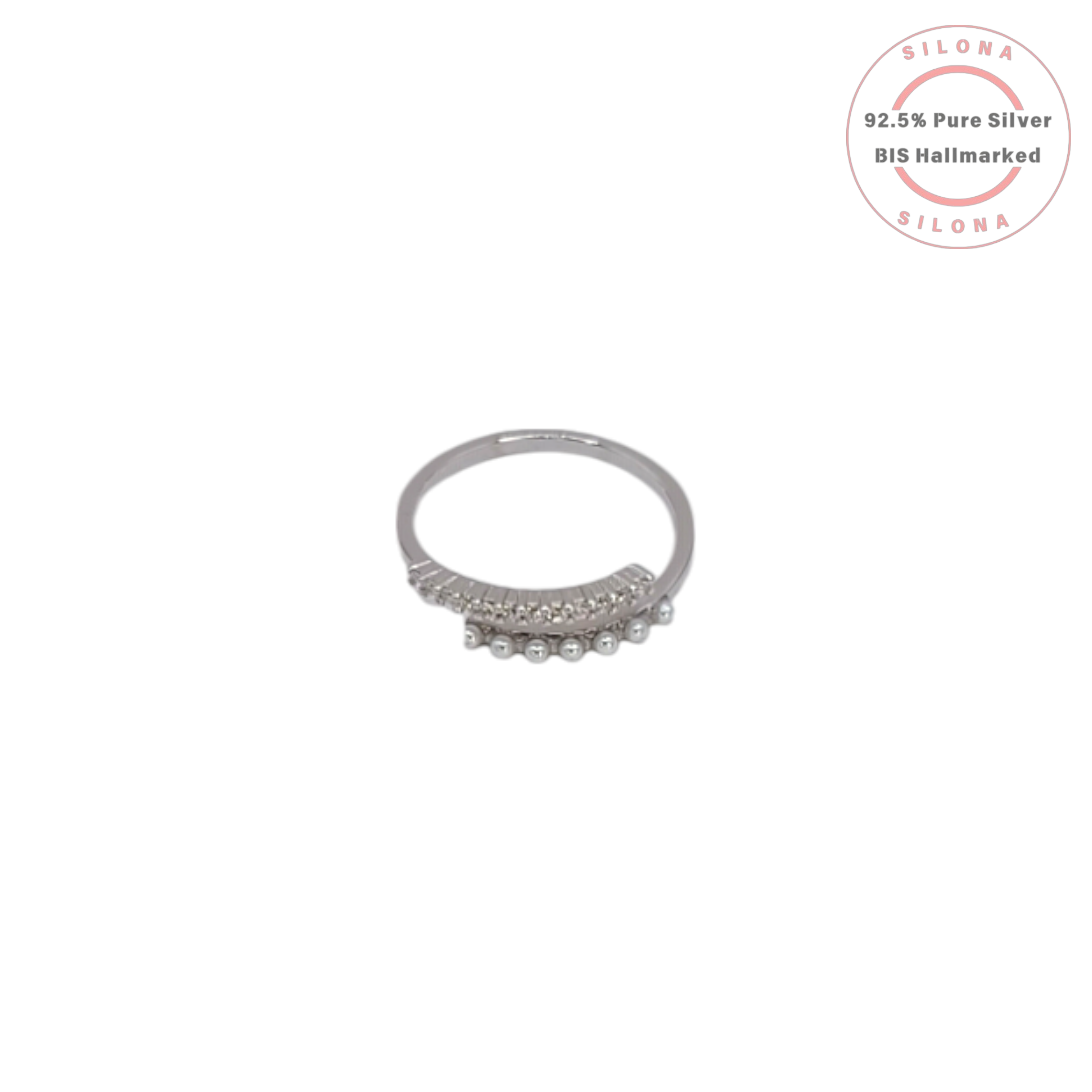 A chic Silona ring in 92.5 silver featuring a top row of pave-set cubic zirconia and a bottom row of silver beads, on a white background.