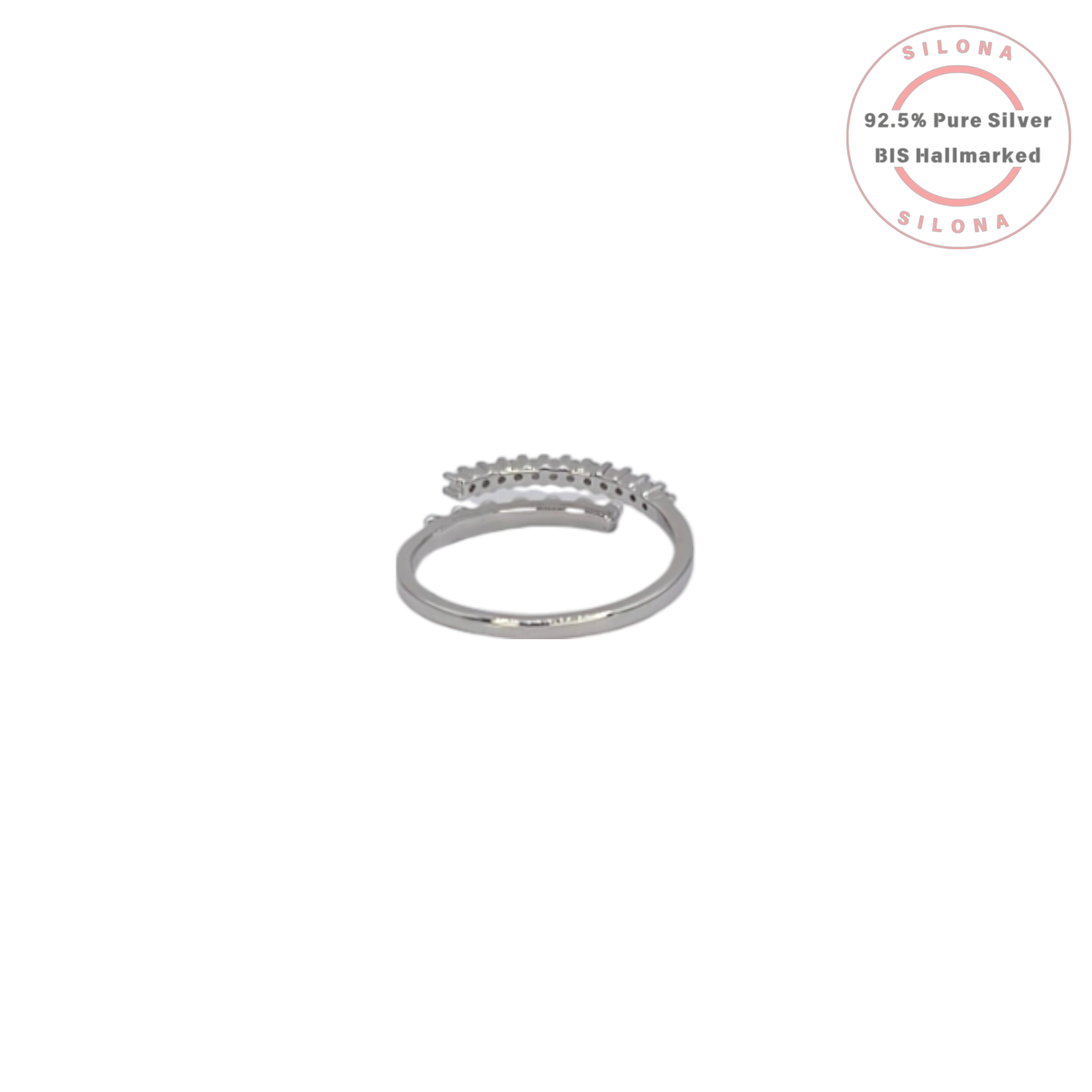 A chic Silona ring in 92.5 silver featuring a top row of pave-set cubic zirconia and a bottom row of silver beads, on a white background.