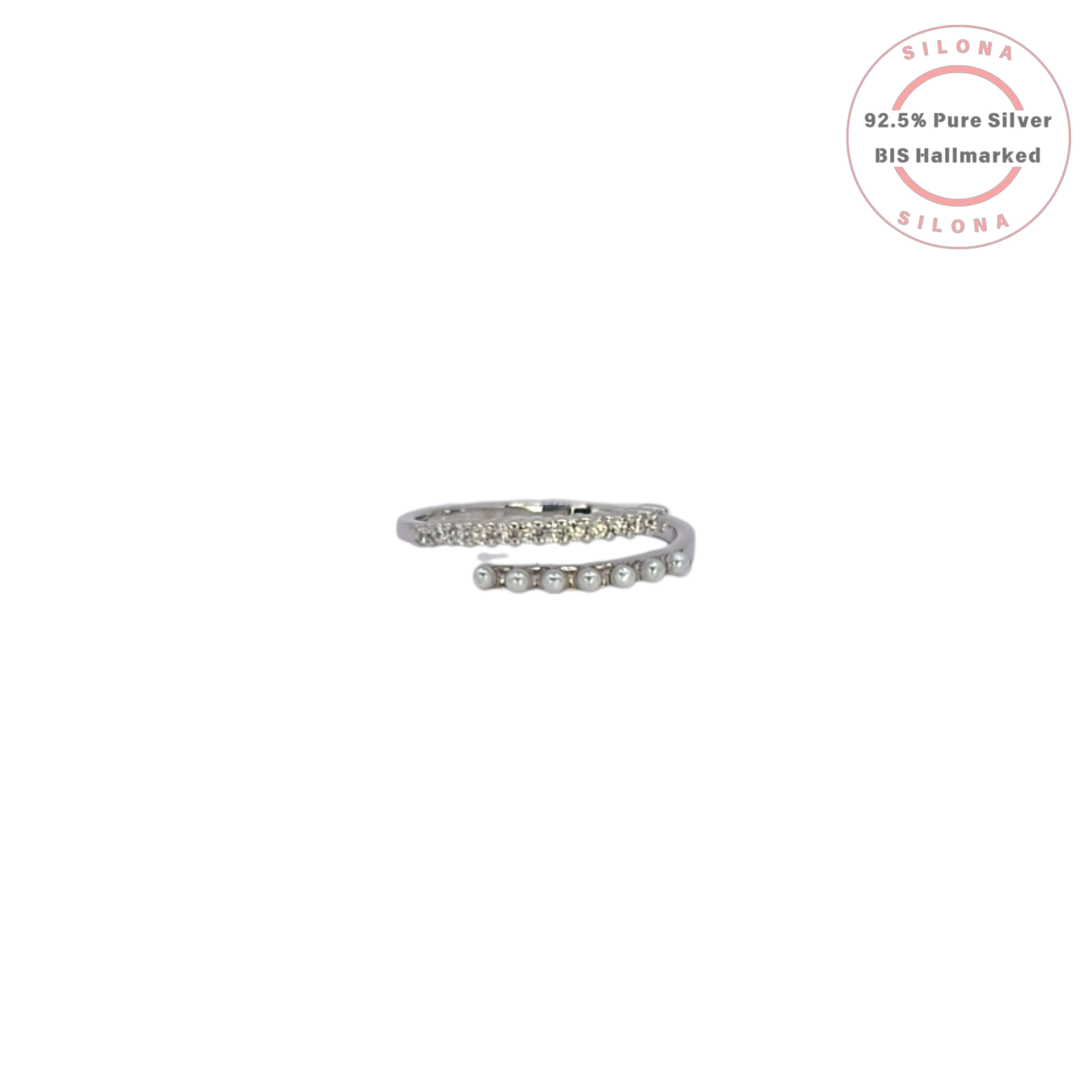 A chic Silona ring in 92.5 silver featuring a top row of pave-set cubic zirconia and a bottom row of silver beads, on a white background.