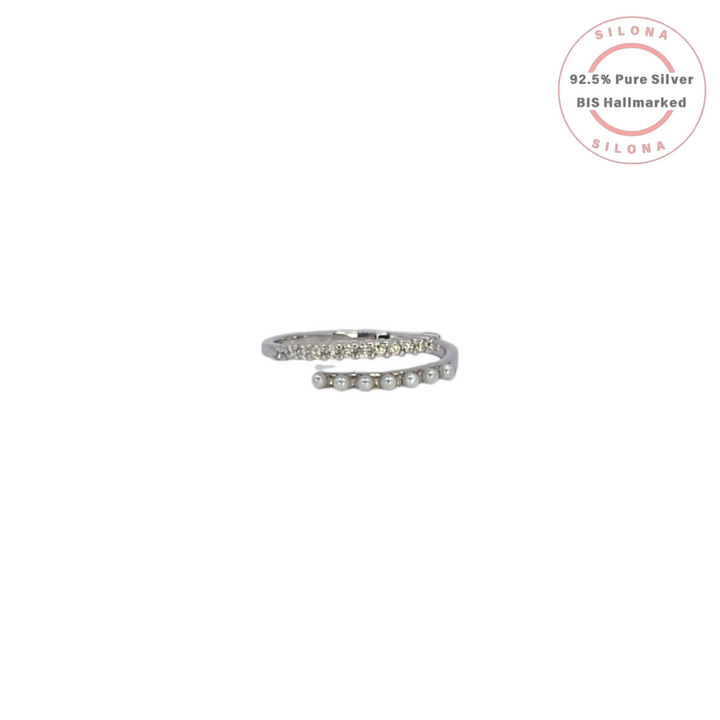 A chic Silona ring in 92.5 silver featuring a top row of pave-set cubic zirconia and a bottom row of silver beads, on a white background.