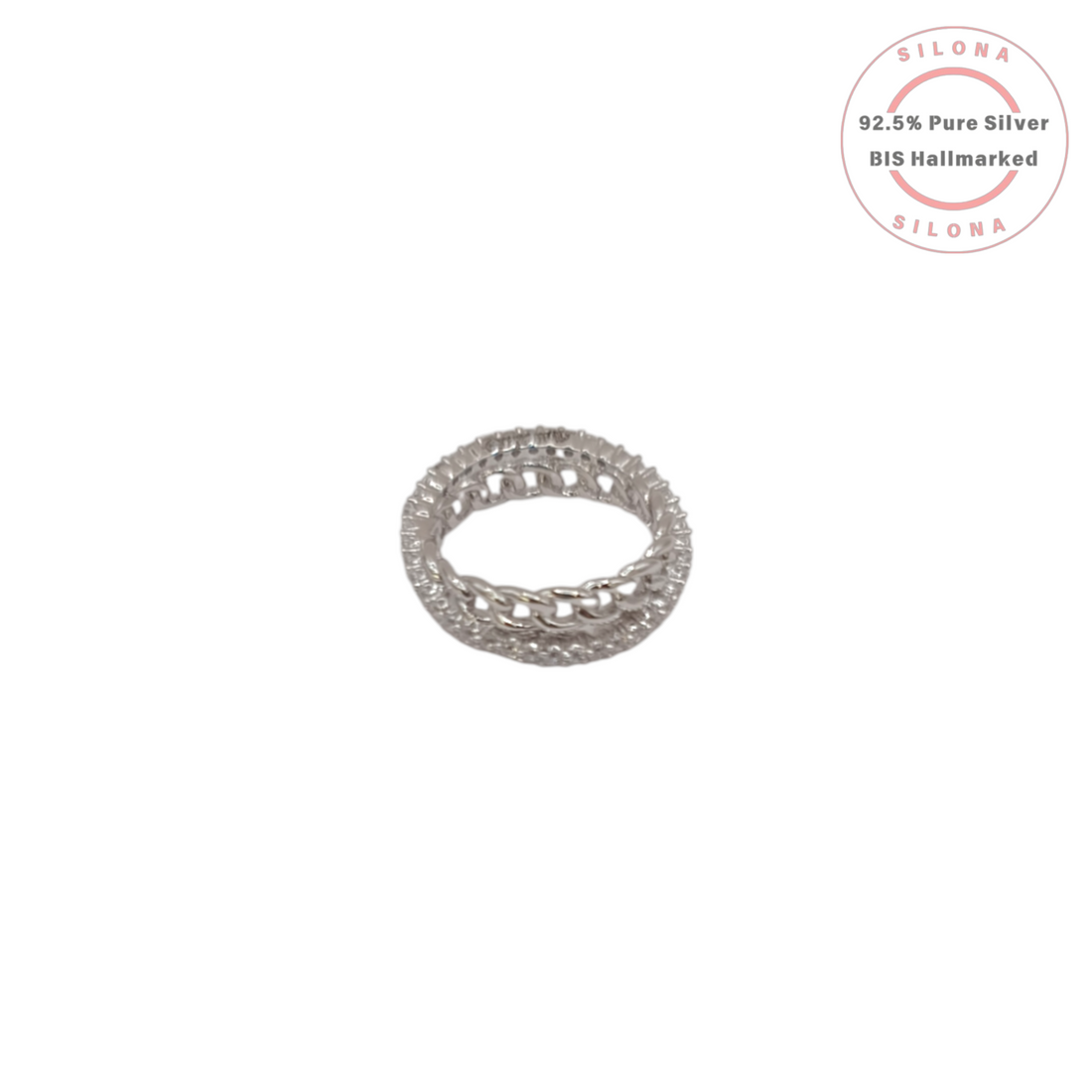 Silona's Pavé Curb Link Eternity Ring in 92.5 silver, featuring a central chain motif and brilliant cubic zirconia stones.