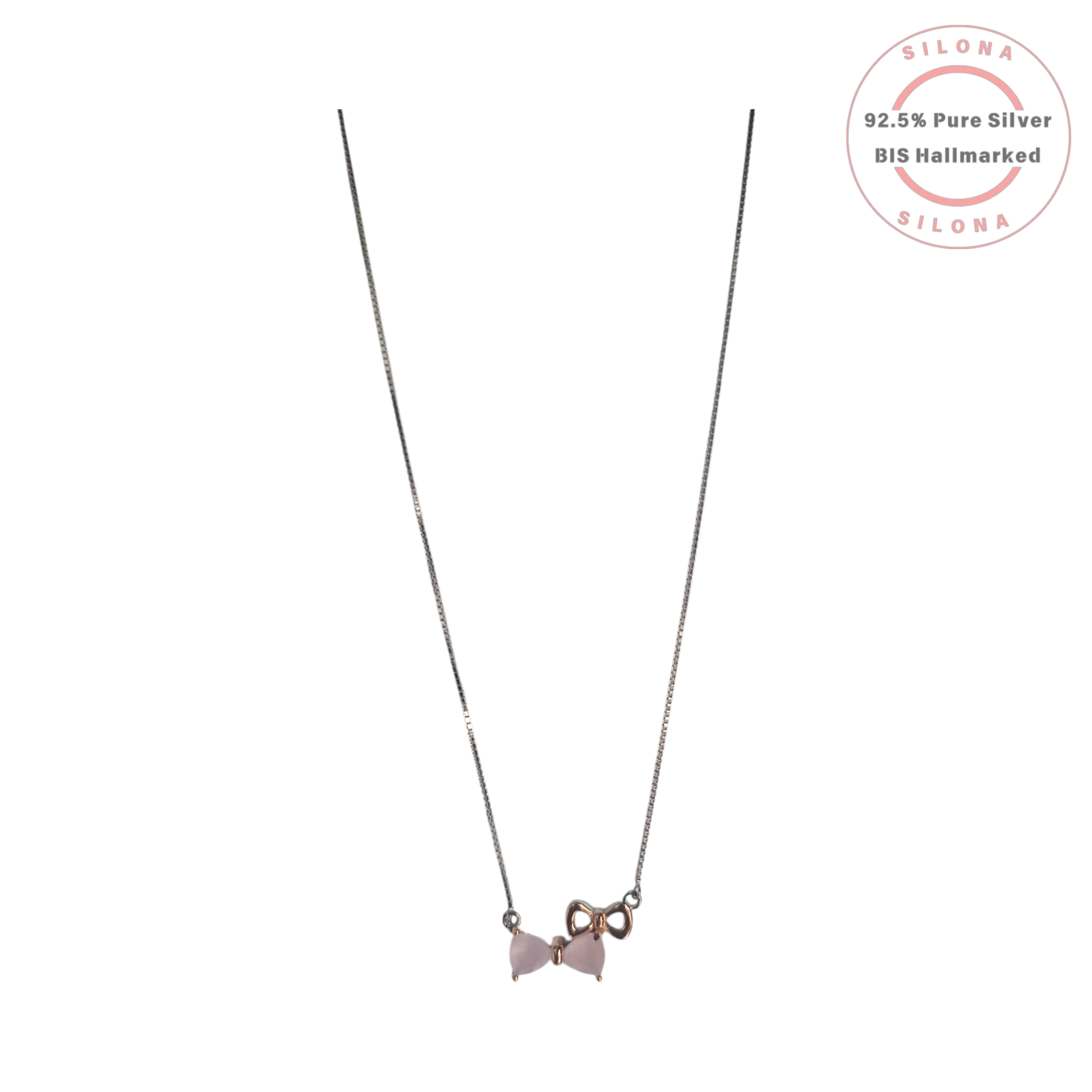 Silona's Dainty Double Bow Necklace with pink rose quartz stones and a rose gold bow, on a sterling silver box chain.