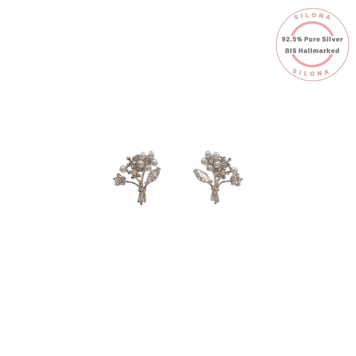 A pair of Silona's Petite Pearl Bouquet Stud Earrings in 92.5 silver, featuring a floral cluster of pearls and marquise-cut cubic zirconia, on a white background.