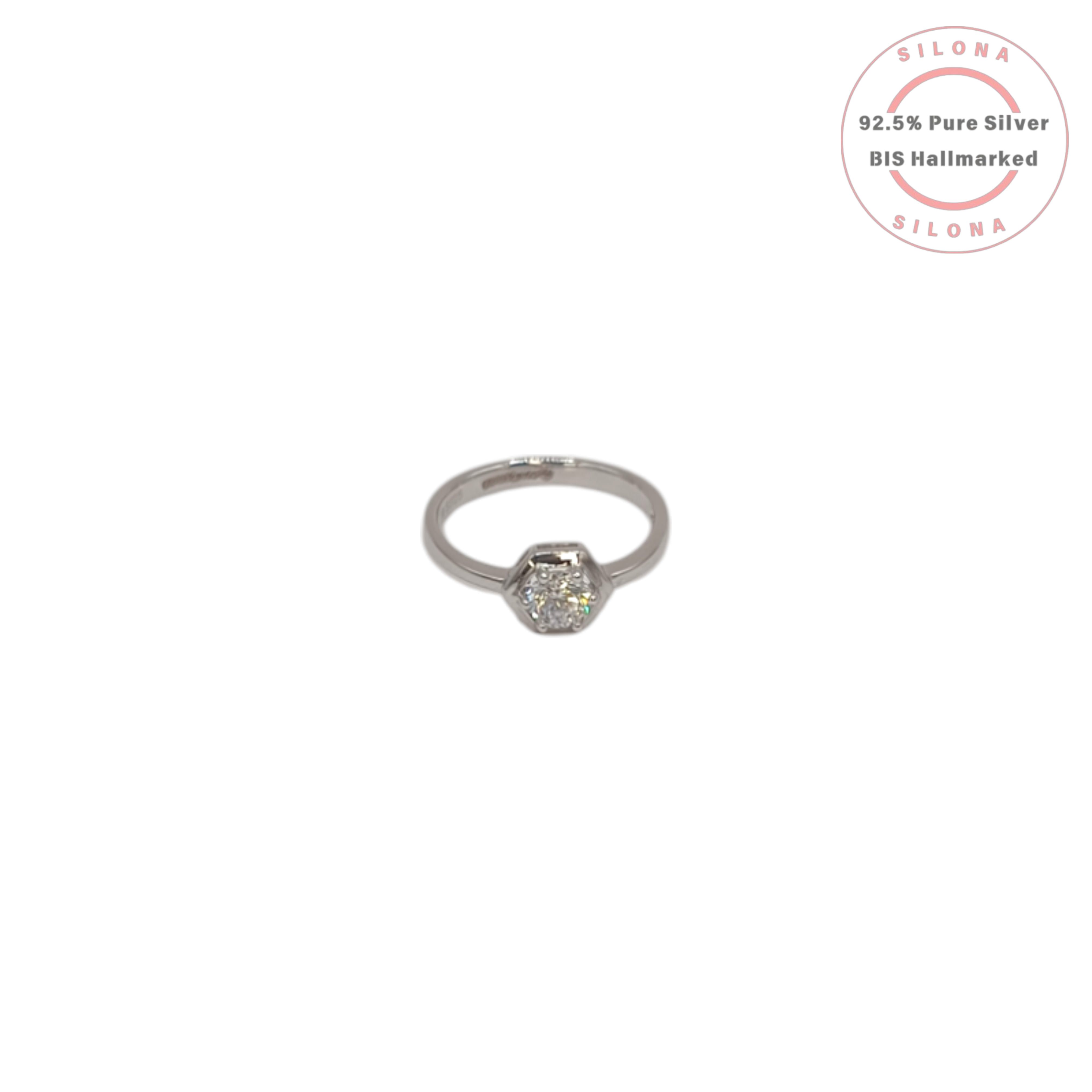 Geometric Hexagon Solitaire Ring in polished 92.5 sterling silver featuring a round brilliant-cut cubic zirconia.