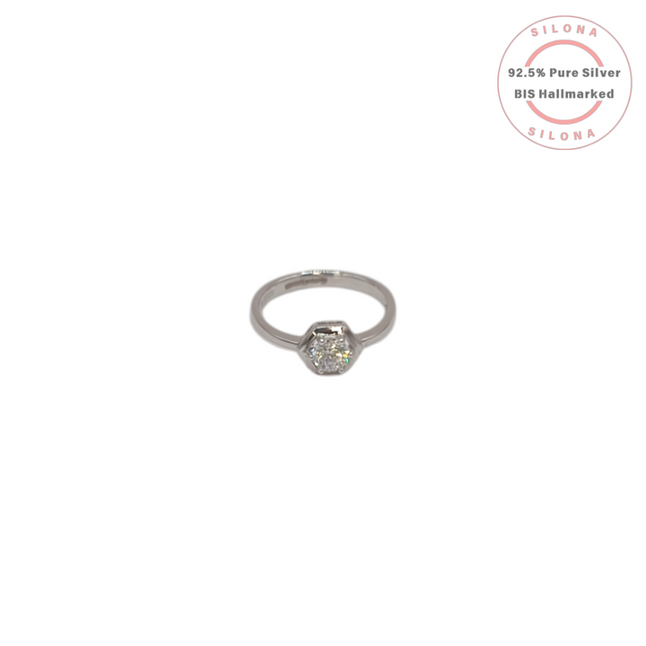 Geometric Hexagon Solitaire Ring in polished 92.5 sterling silver featuring a round brilliant-cut cubic zirconia.