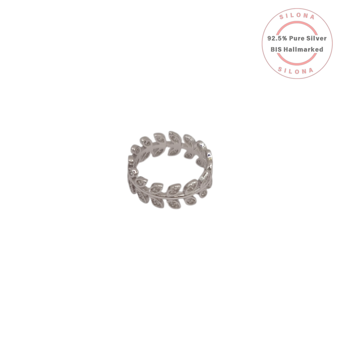 Silona's elegant laurel leaf eternity ring in pure 92.5 silver, studded with cubic zirconia, on a white background.