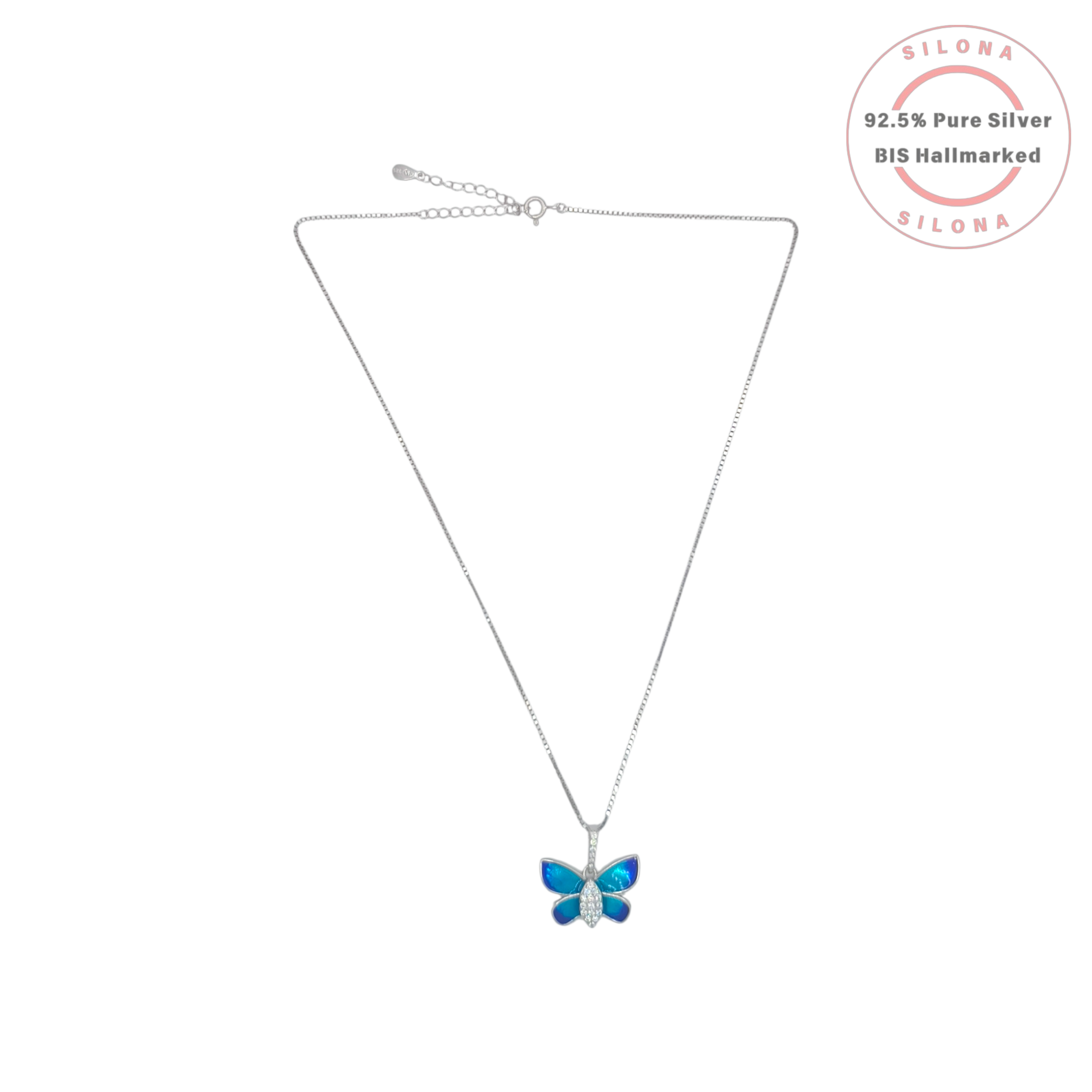 Silona Enamel Blue Butterfly Necklace in 92.5 sterling silver with a delicate box chain and sparkling stone accents.