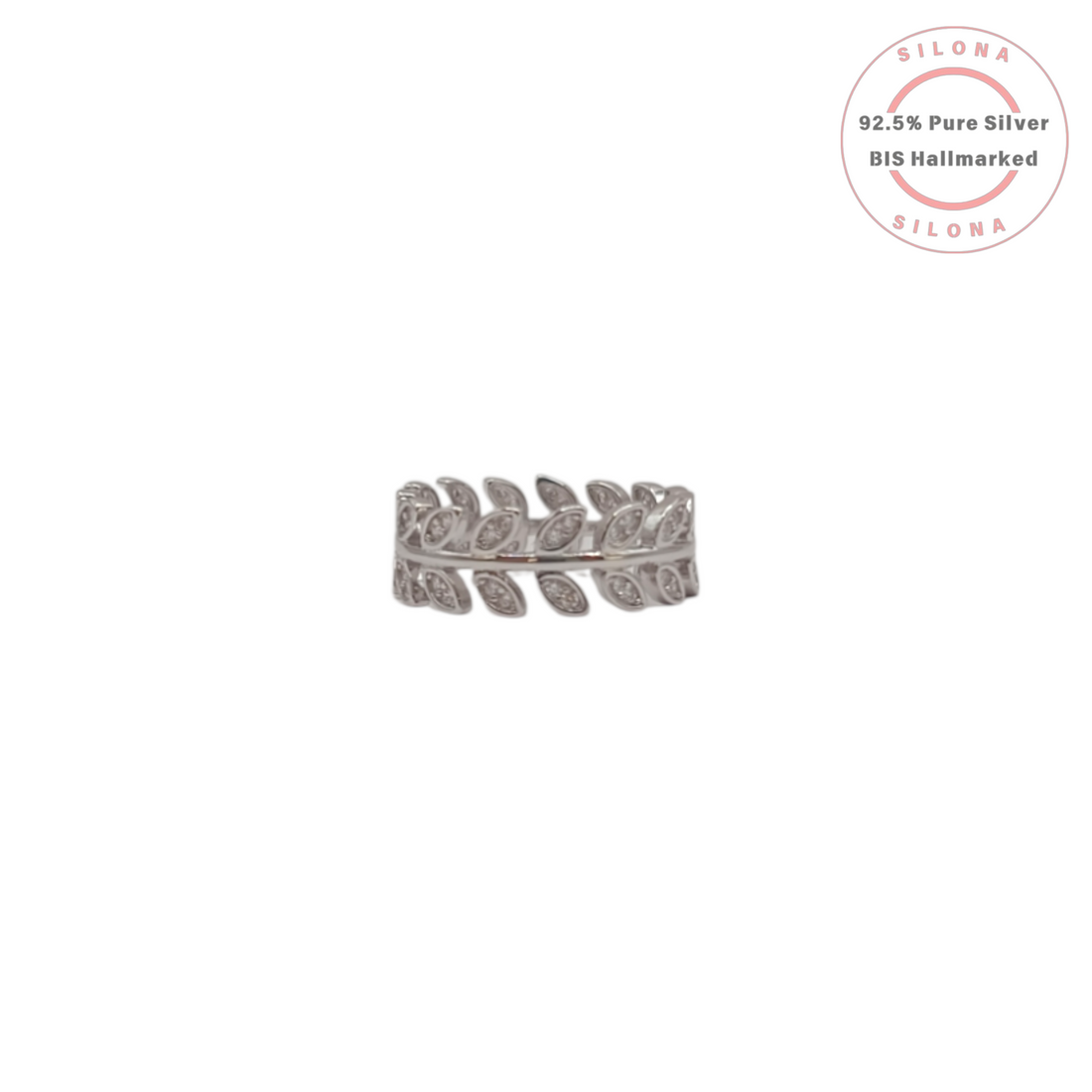 Silona's elegant laurel leaf eternity ring in pure 92.5 silver, studded with cubic zirconia, on a white background.