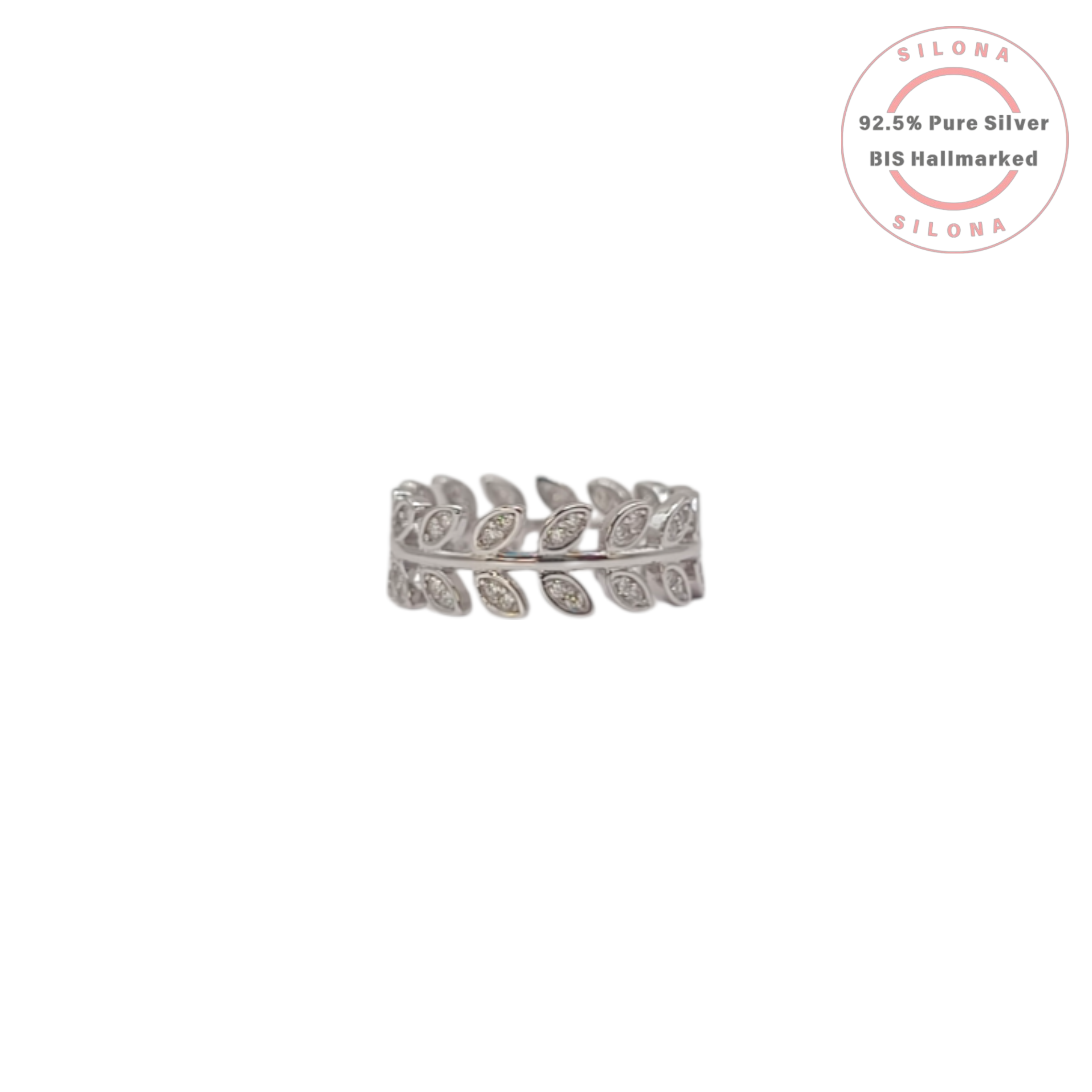 Silona's elegant laurel leaf eternity ring in pure 92.5 silver, studded with cubic zirconia, on a white background.