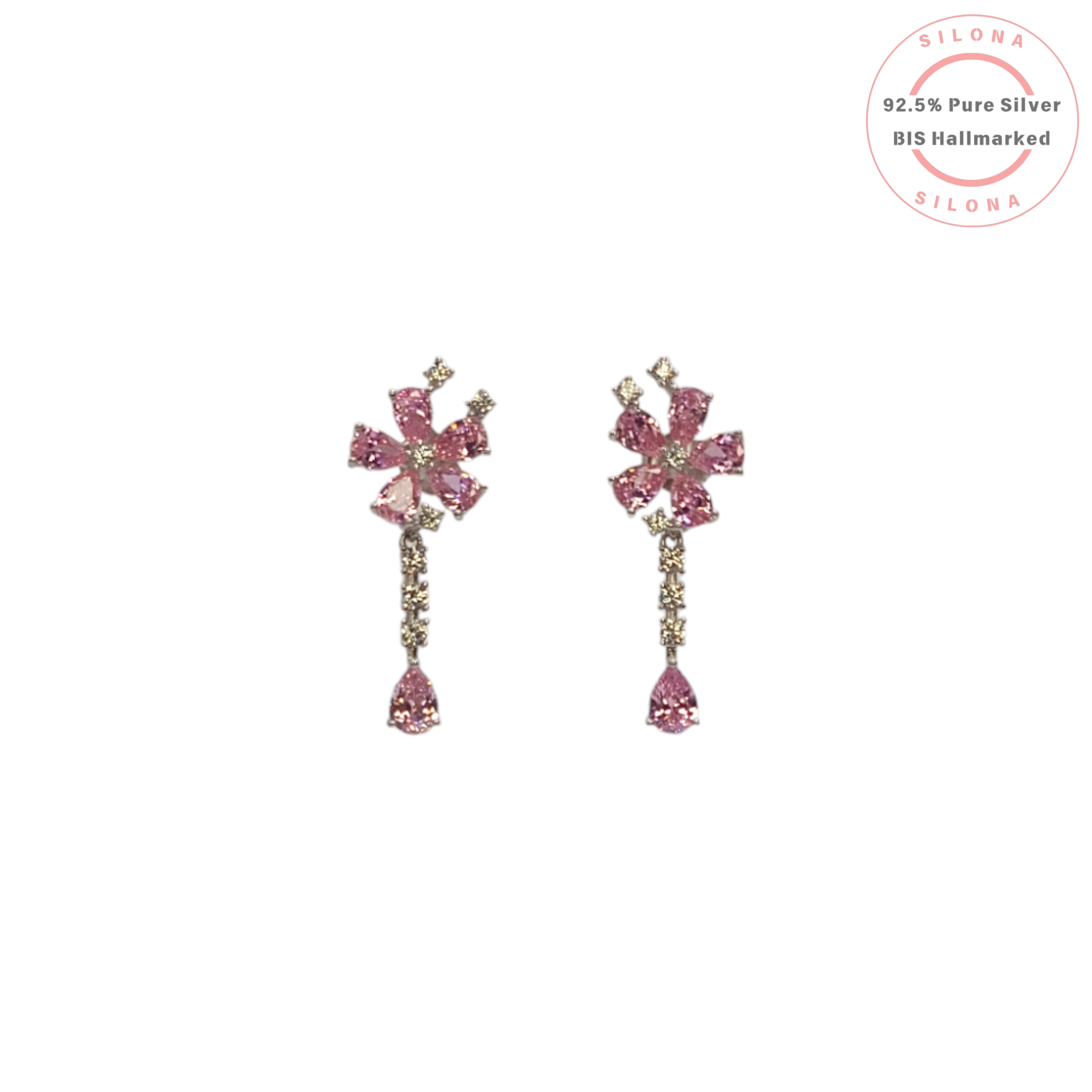 A pair of Silona floral dangler earrings with pink and champagne cubic zirconia stones, crafted in sterling silver on a white background.
