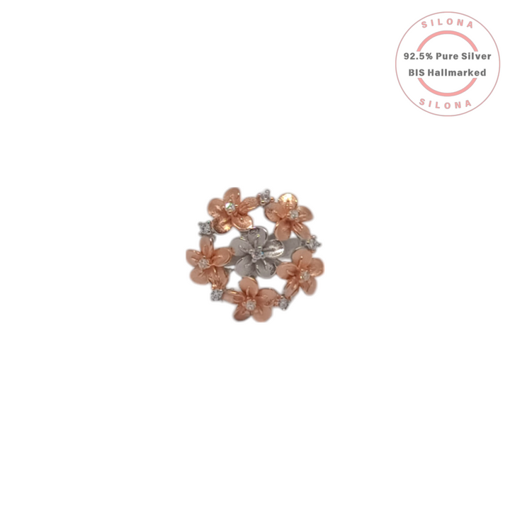 A dual-tone floral wreath ring with rose gold and silver blossoms, studded with cubic zirconia, crafted in 92.5 silver.