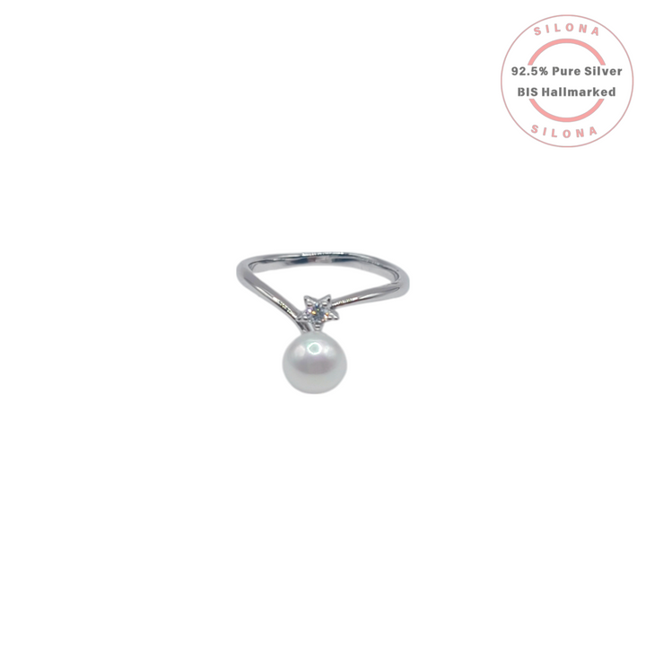 Silona Celestial V-Ring in 92.5 silver, featuring a dangling white pearl and a star motif with a cubic zirconia stone, on a white background.