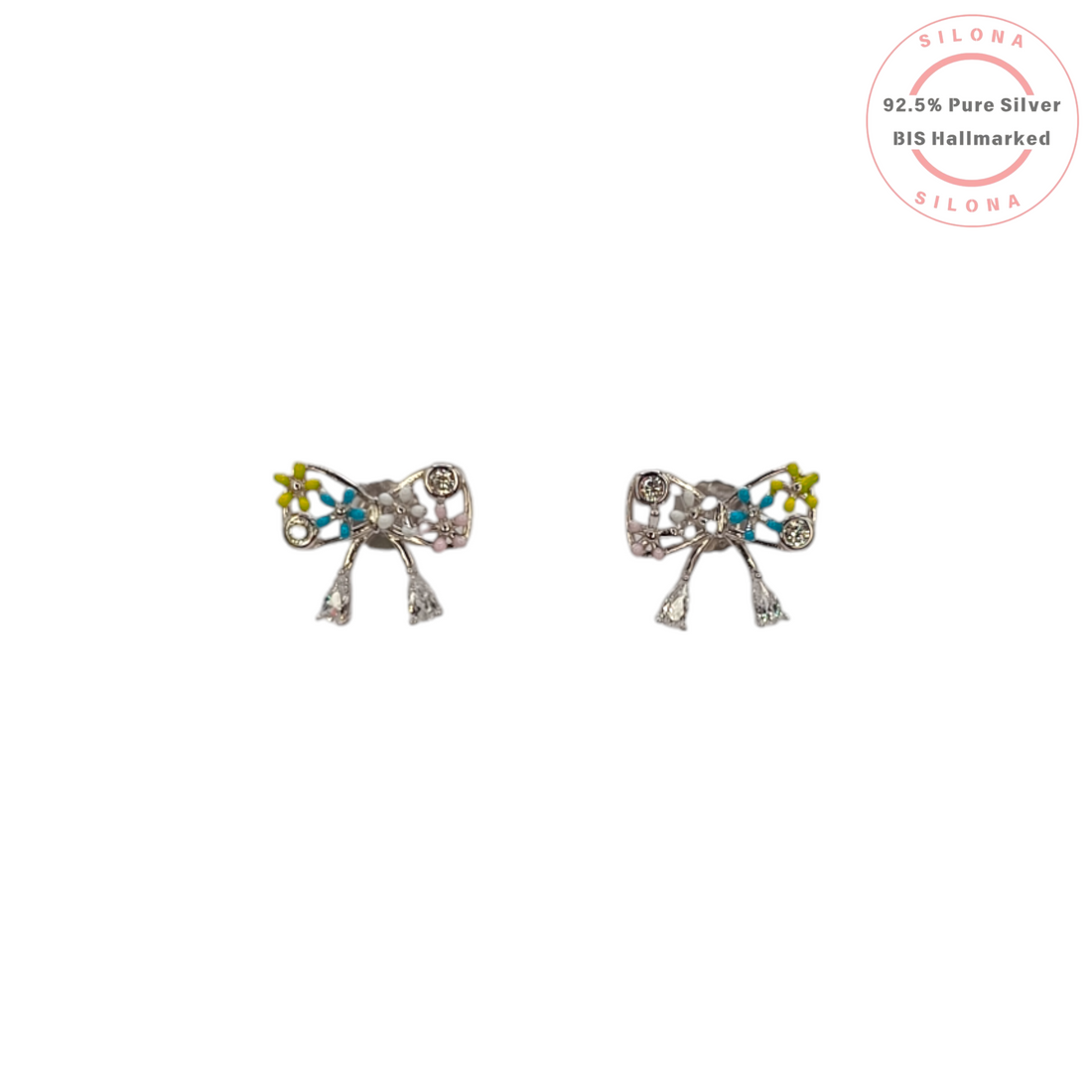 A pair of Silona's Floral Bow Stud Earrings in 92.5 silver, featuring colorful enamel work in blue, yellow, and pink with dangling cubic zirconia details, on a white background.