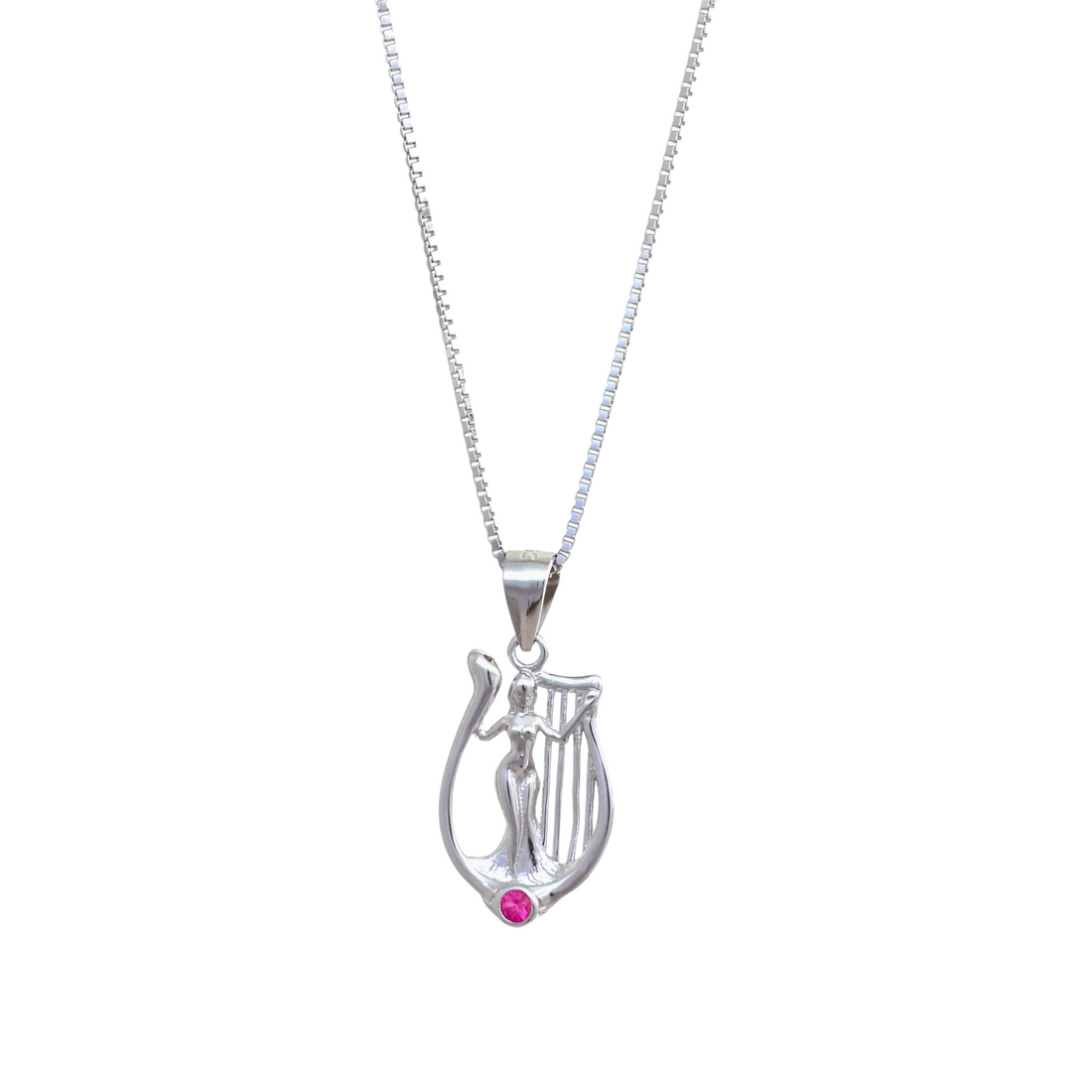 Silver box chain necklace featuring a harp-shaped pendant enclosing a sculpted goddess playing strings with a pink gem at bottom.