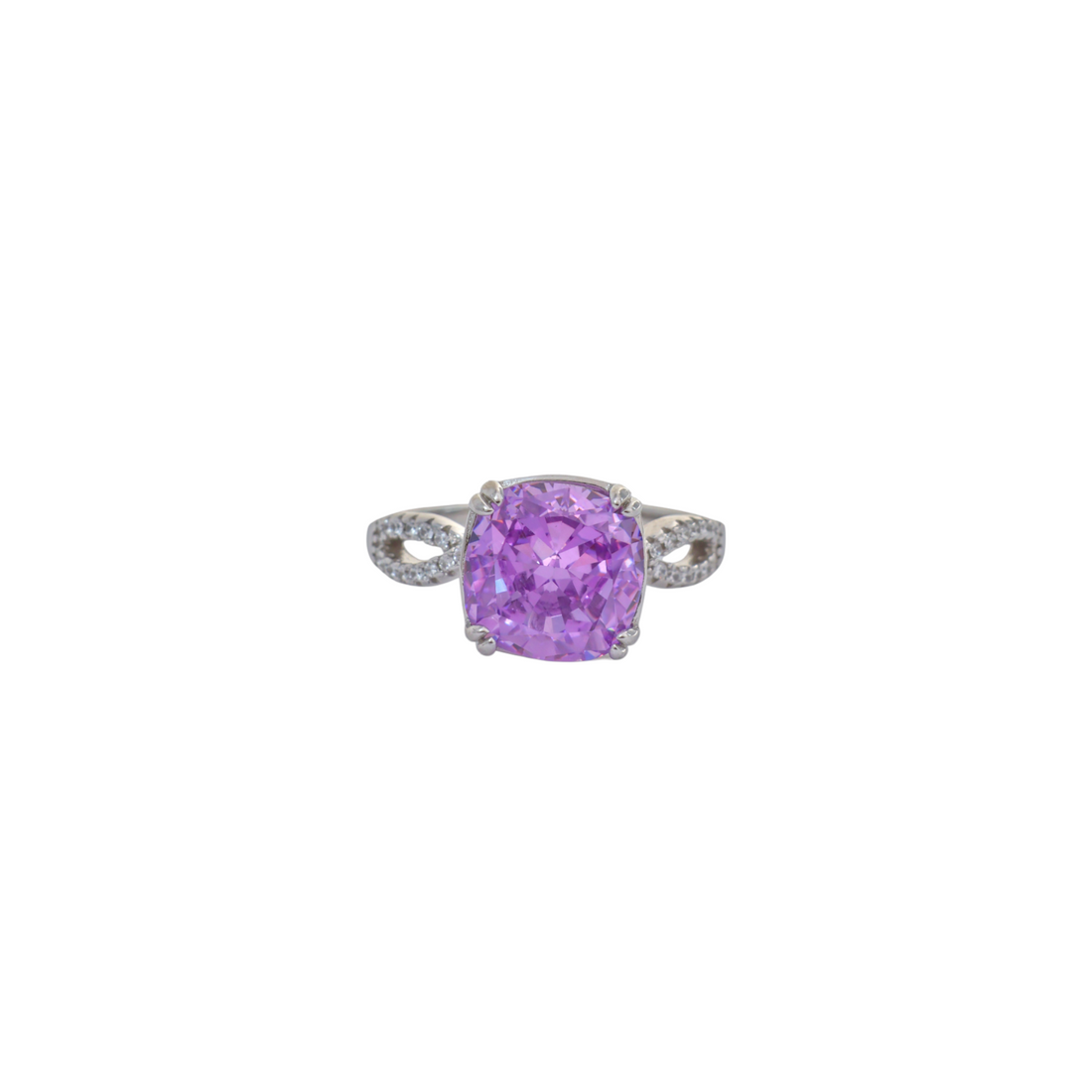 Vibrant purple cushion cut gem with a pave set infinity twisted silver band.