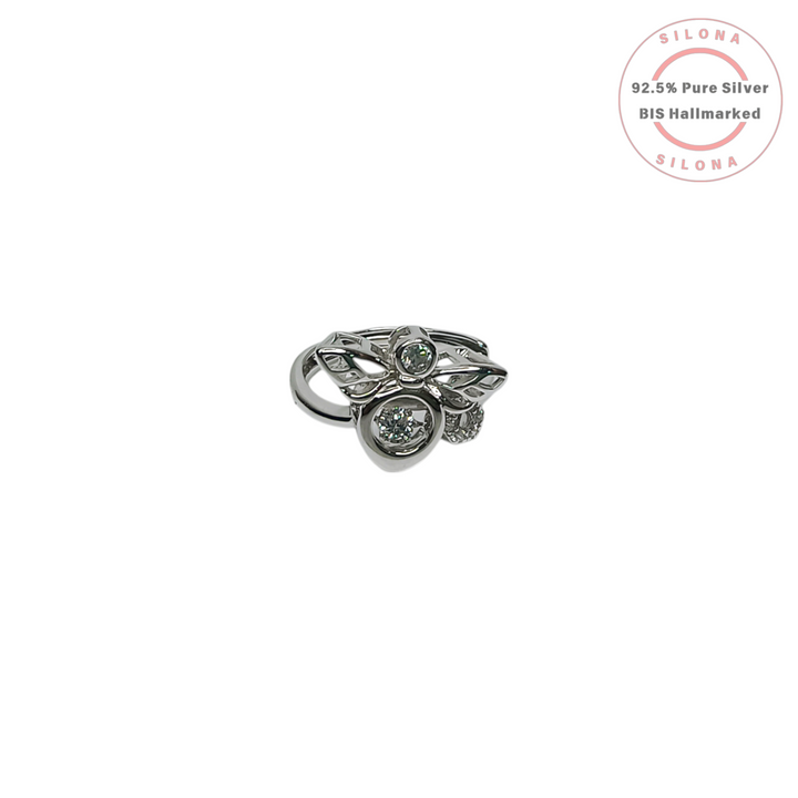 Silona's Dancing Stone Bee Ring in 92.5 sterling silver, featuring a central moving cubic zirconia and intricate wing details, against a white background.