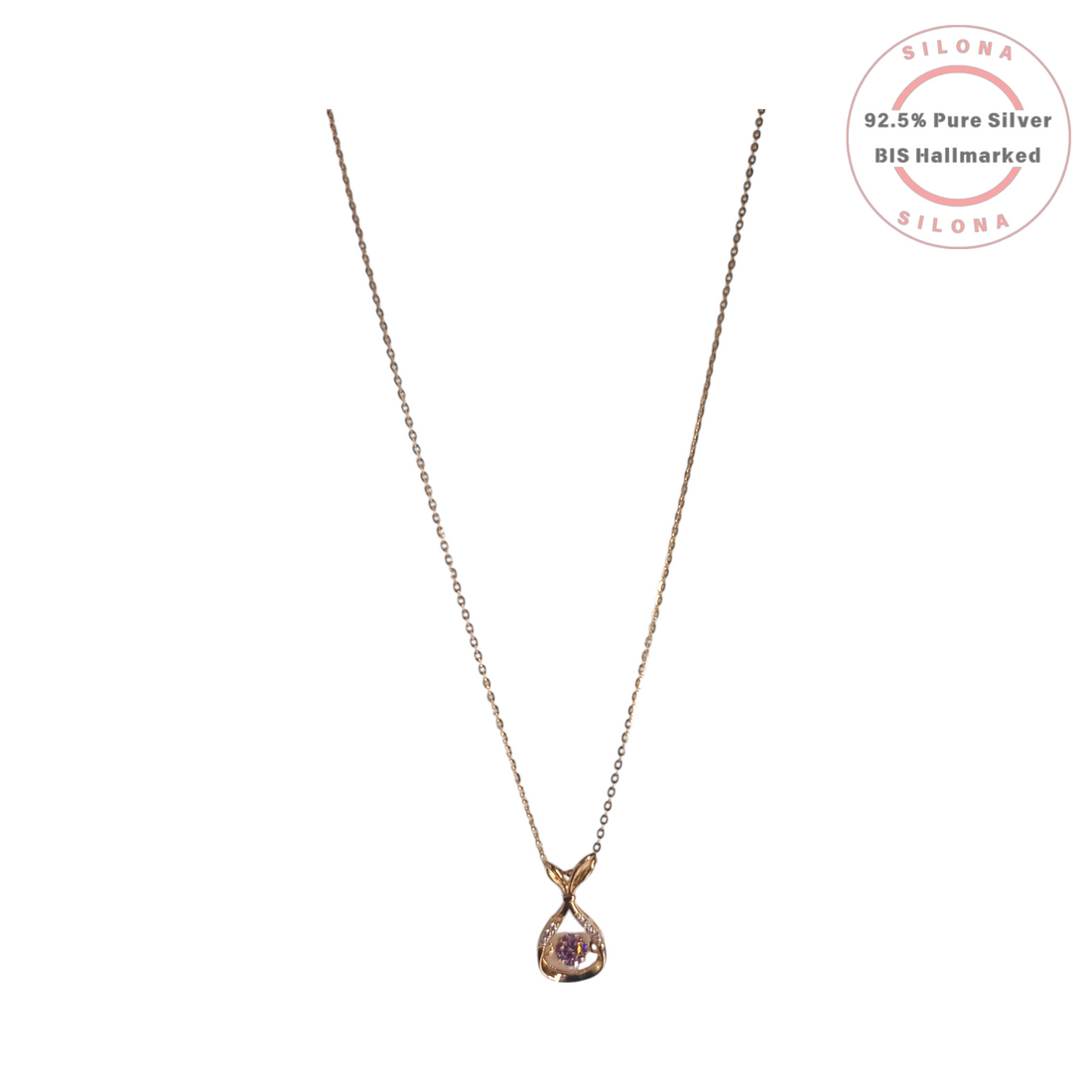 Elegant mermaid tail pendant necklace in rose gold plated 92.5 silver, featuring a central amethyst-hued cubic zirconia stone on a delicate chain.