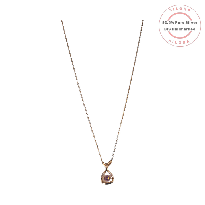 Elegant mermaid tail pendant necklace in rose gold plated 92.5 silver, featuring a central amethyst-hued cubic zirconia stone on a delicate chain.