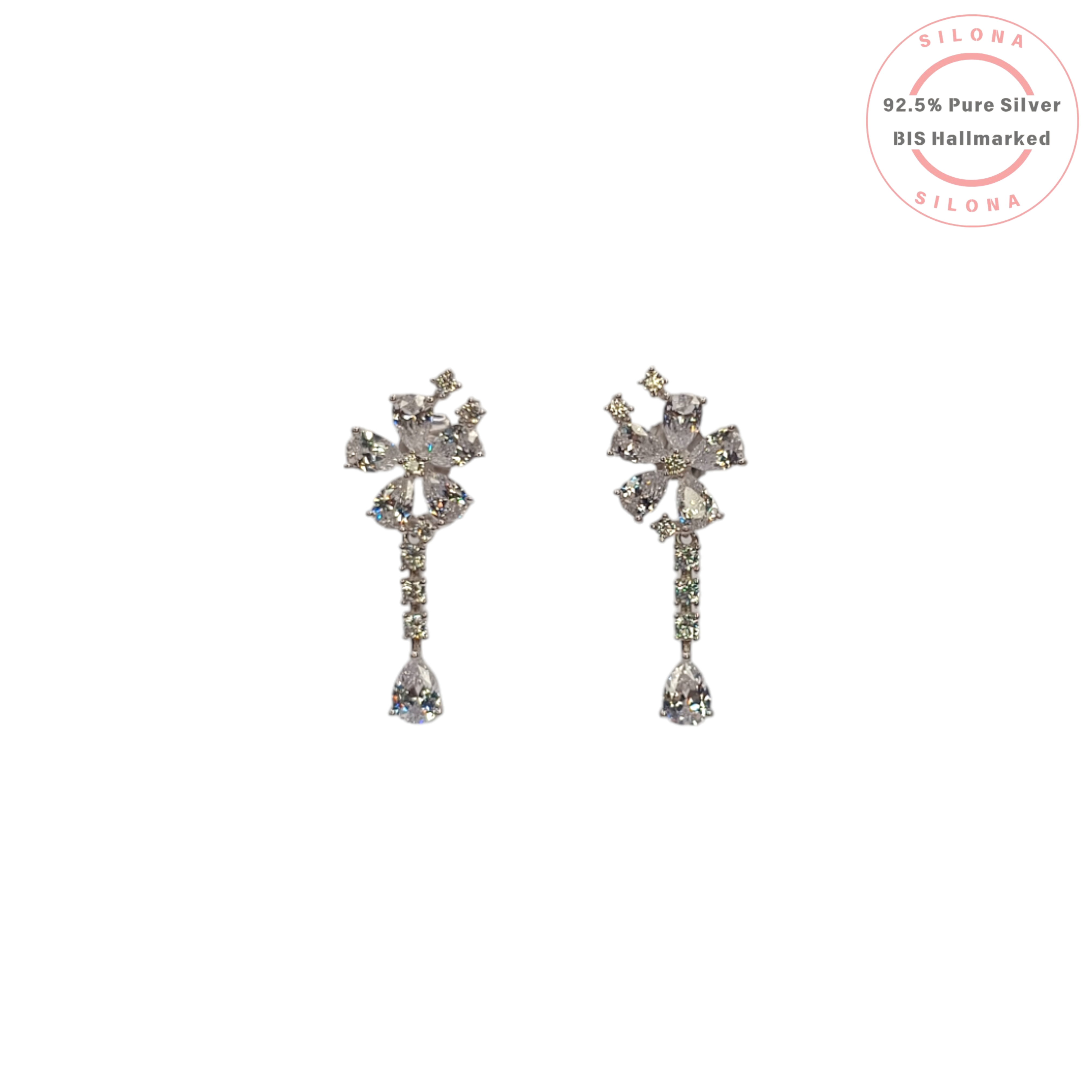 A pair of Silona's Floral Cascade Drop Earrings in 92.5 silver, featuring a flower-shaped stud with a linear drop of cubic zirconia stones ending in a pear-shaped diamond-look stone, on a white background.