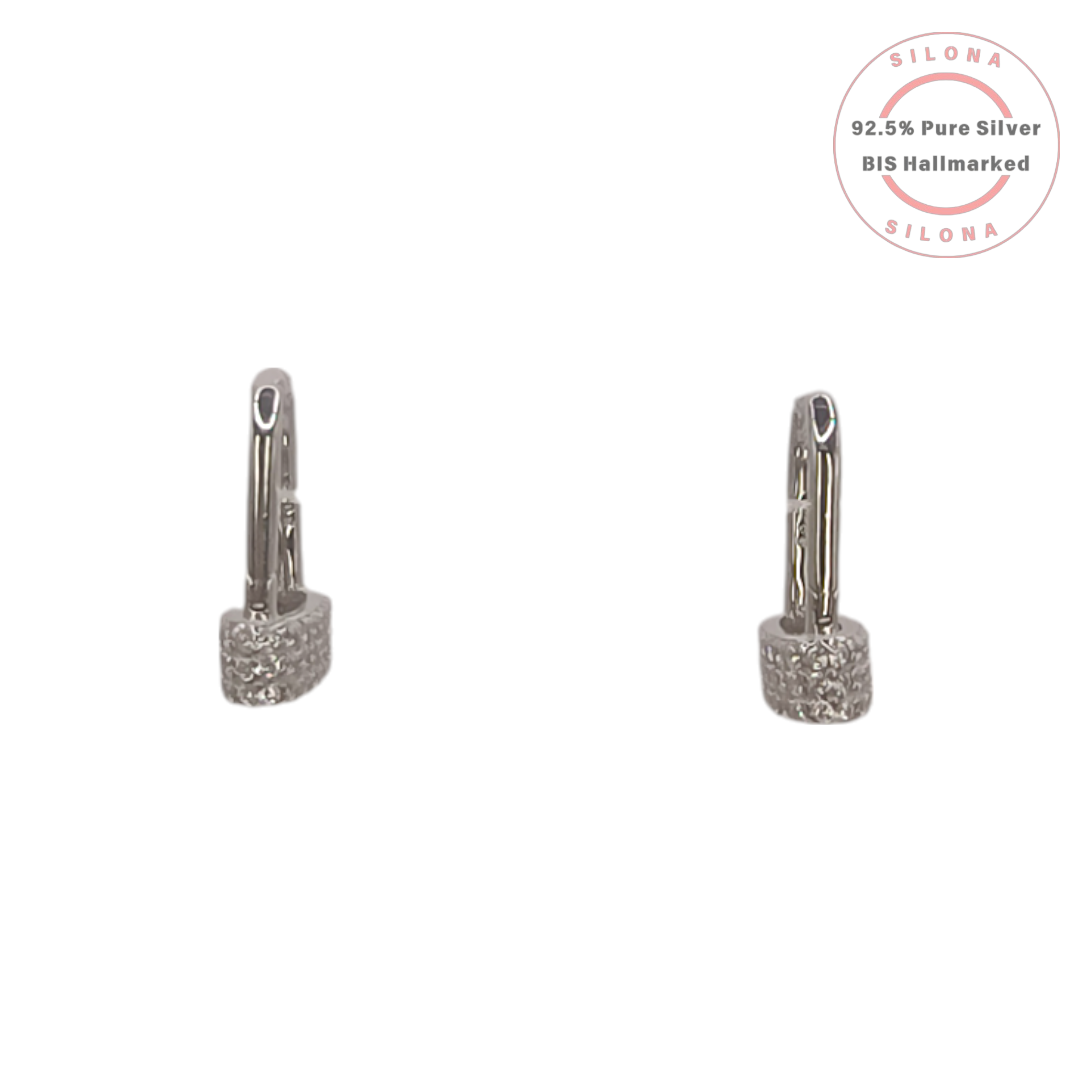 A pair of Silona pavé cubic zirconia huggie hoop earrings in 92.5 silver, shown against a clean white background.