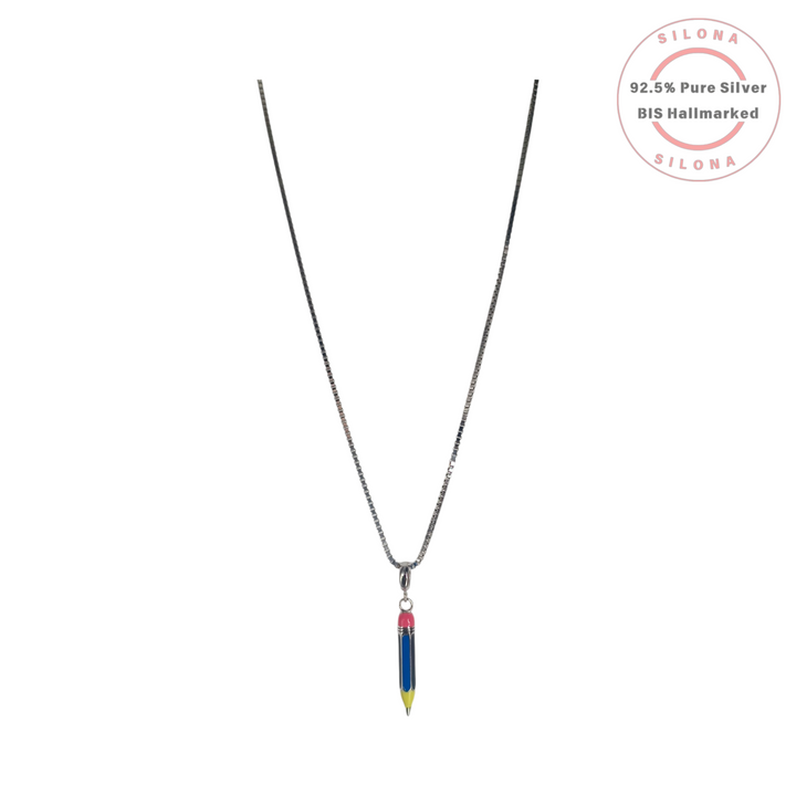 A 92.5 silver box chain necklace featuring a small, colorful enamel pencil pendant in blue, yellow, and pink.