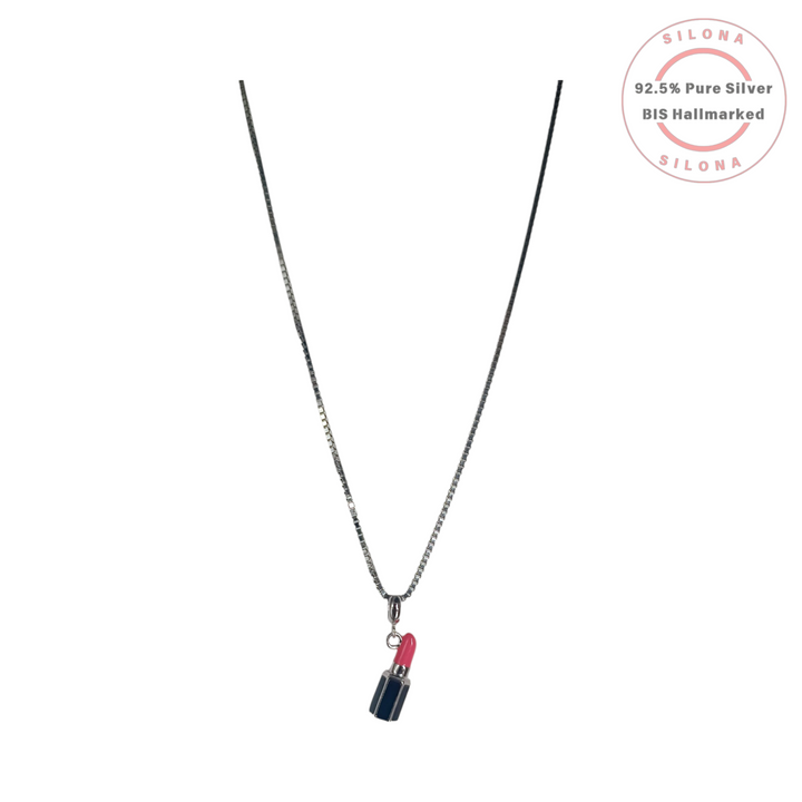Silona lipstick charm necklace with a pink and navy enamel pendant on a silver box chain, crafted from 92.5 pure silver.