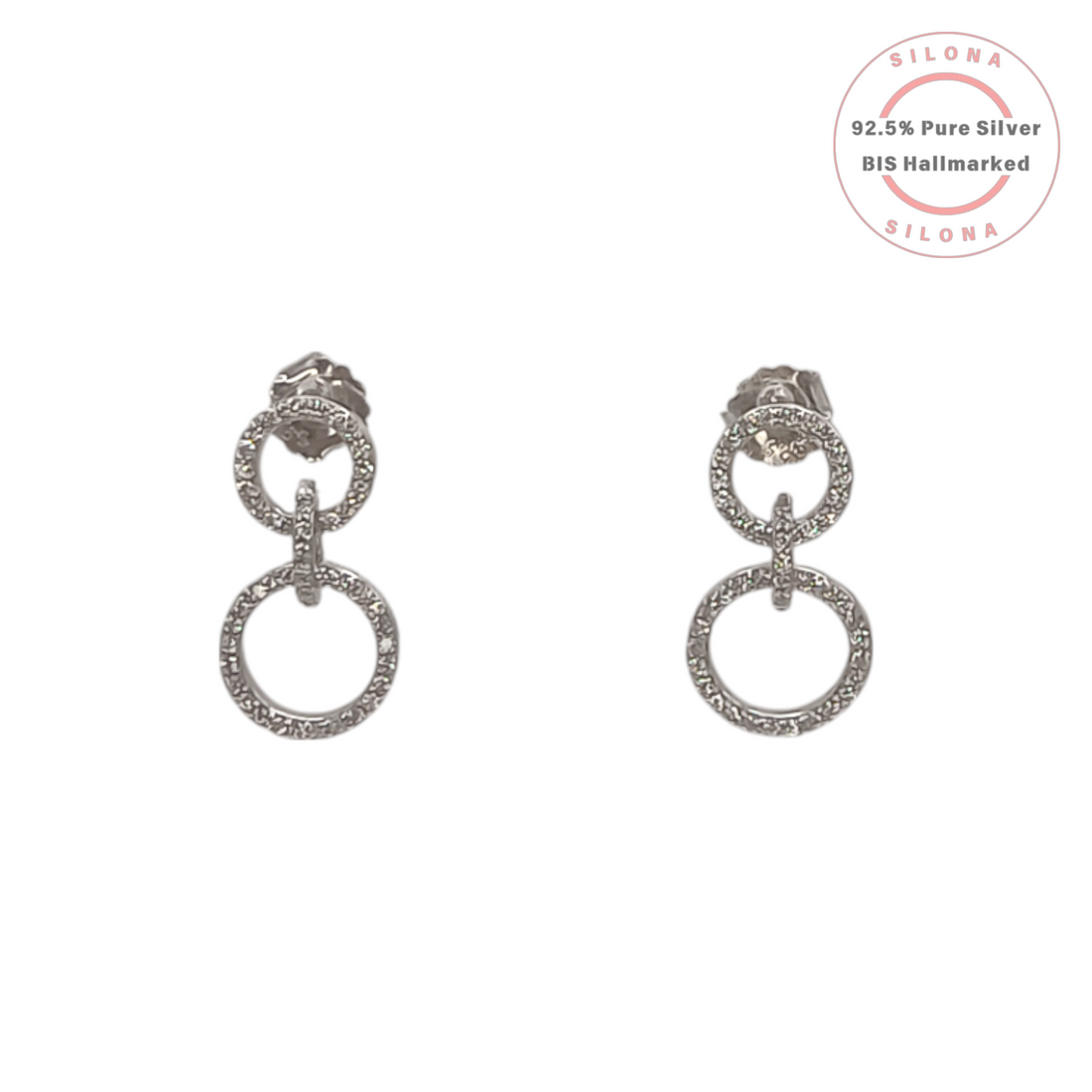 A pair of Silona's pavé-set cubic zirconia linked circle drop earrings in 92.5 sterling silver, shown on a clean white background.