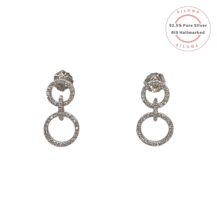A pair of Silona's pavé-set cubic zirconia linked circle drop earrings in 92.5 sterling silver, shown on a clean white background.