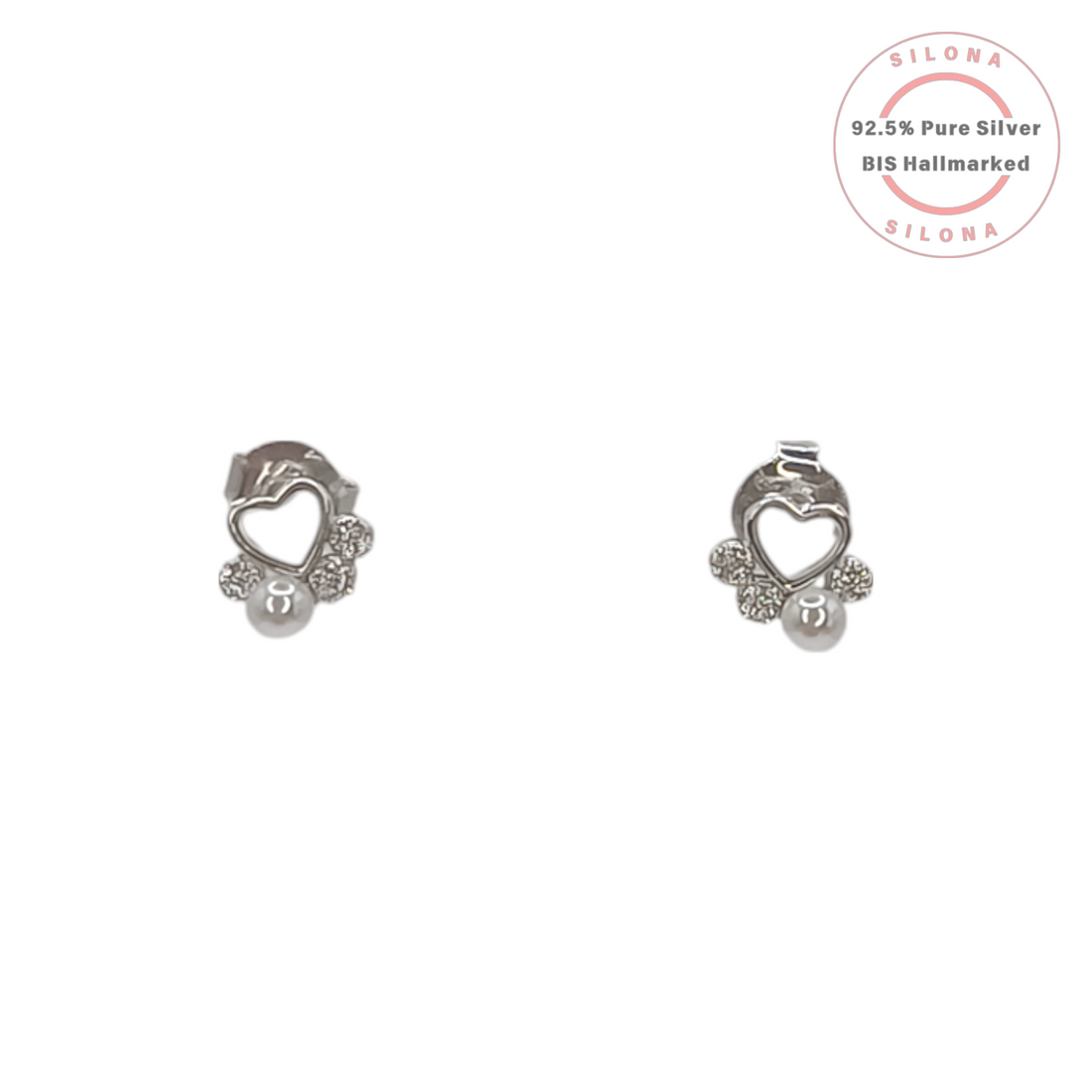 A pair of Silona's Petite Heart & Pearl Stud Earrings in 92.5 silver, featuring an open heart design with cubic zirconia and a pearl drop, shown on a white background.
