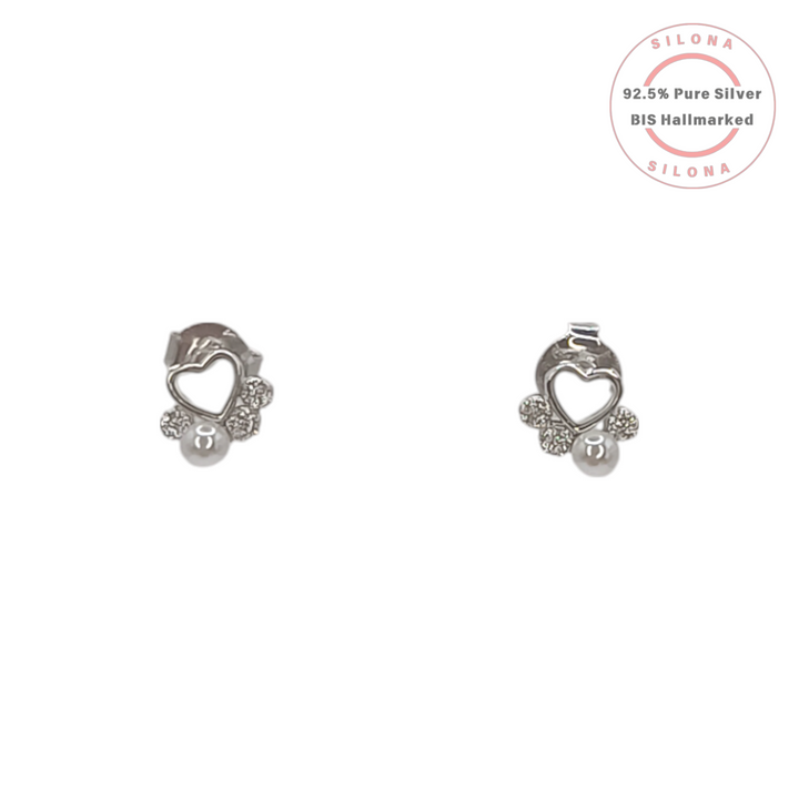 A pair of Silona's Petite Heart & Pearl Stud Earrings in 92.5 silver, featuring an open heart design with cubic zirconia and a pearl drop, shown on a white background.