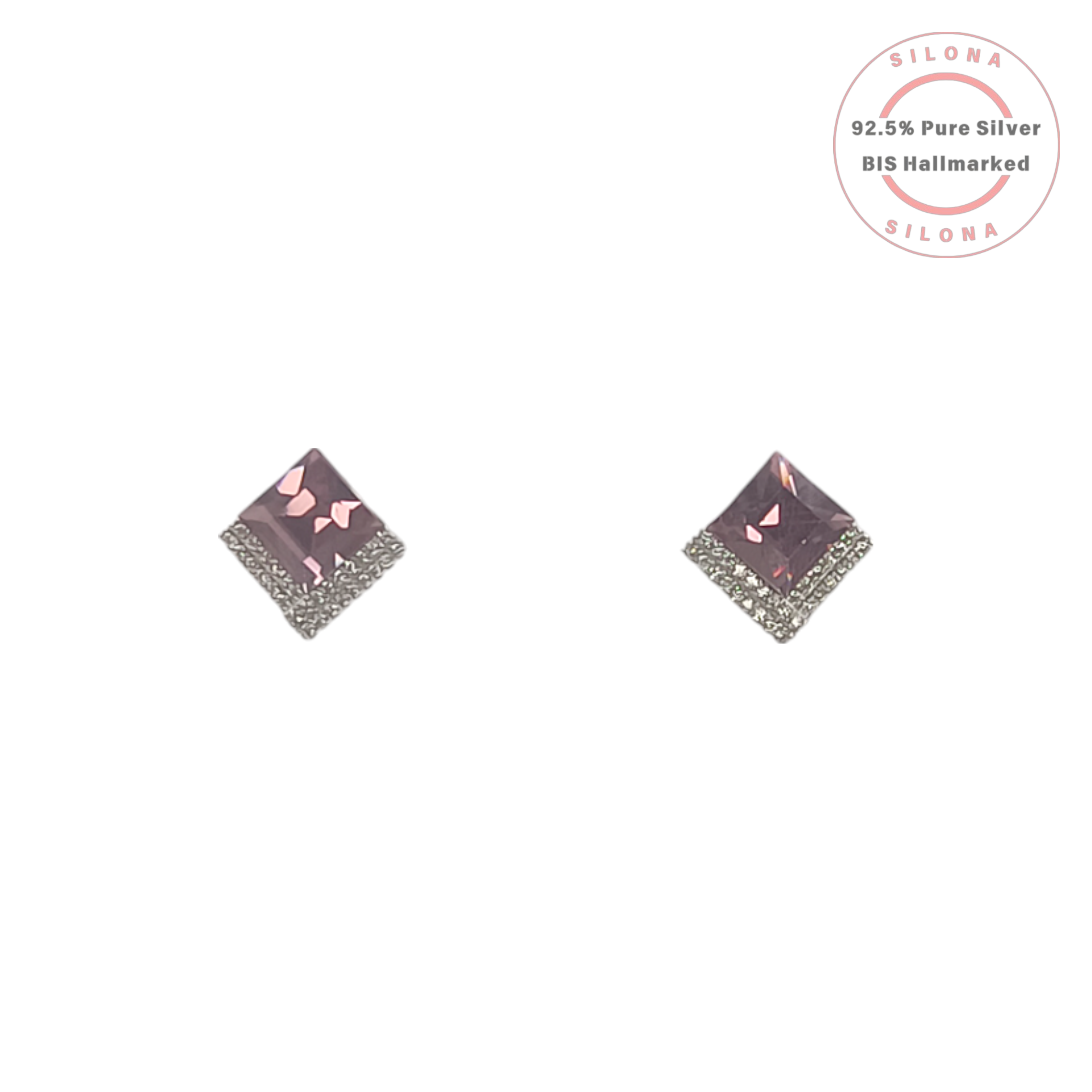 A pair of Aura Mauve Princess-Cut Stud Earrings, crafted from 92.5 silver with a central mauve crystal and a halo of smaller clear crystals, on a white background.