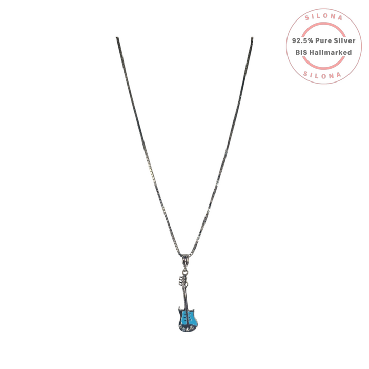 Silona Electric Guitar Pendant Necklace in 92.5 Silver with Turquoise Enamel and Cubic Zirconia on a box chain.