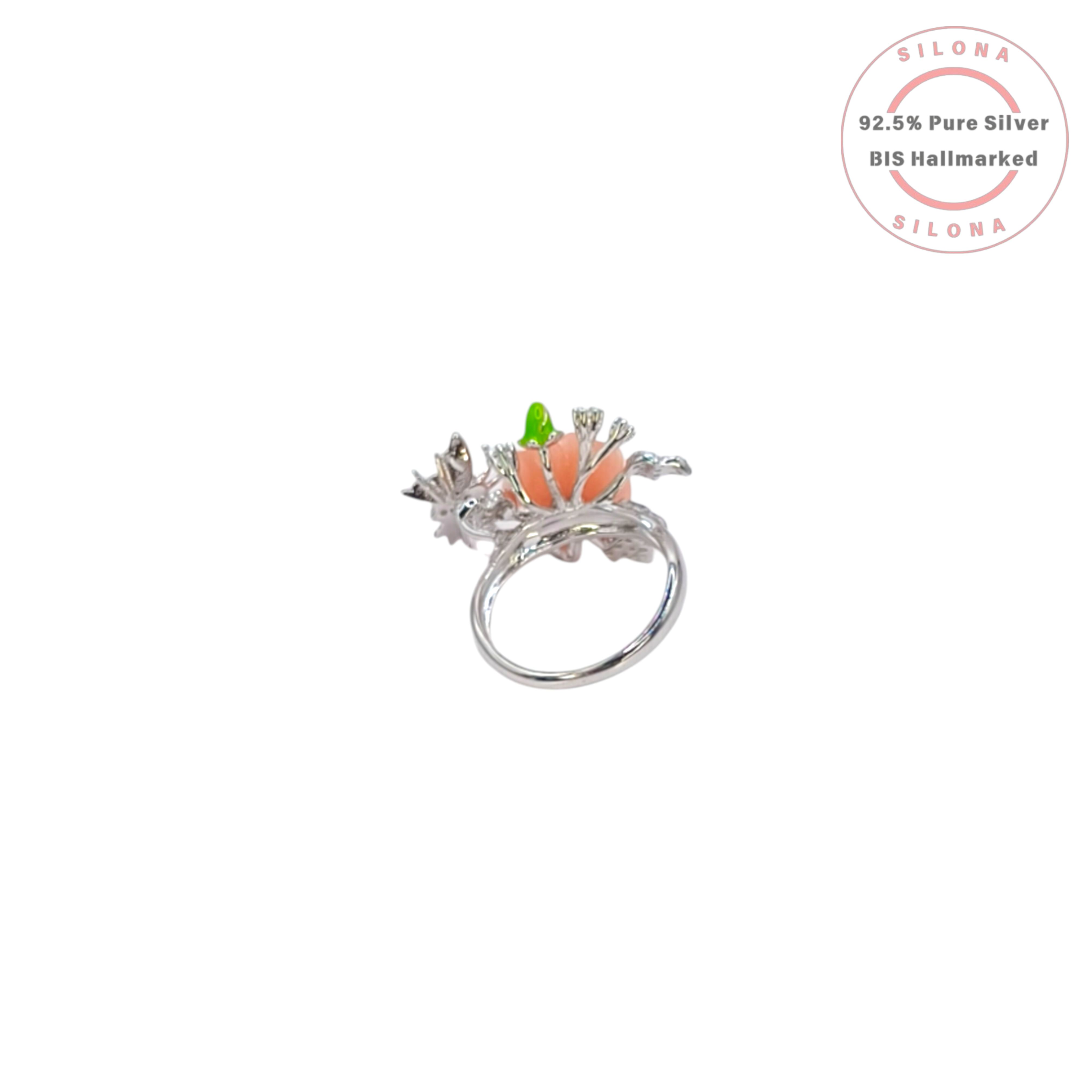 Side profile of the Silona Enameled Pumpkin Blossom Ring, showcasing the peachy-coral and green enamel detail on a polished 92.5 silver band, against a white background.